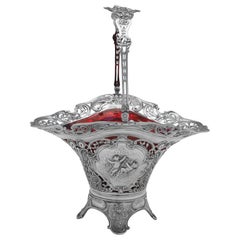 Antique Victorian Elegance: Ornate Silver Basket with Striking Ruby Glass Liner c.1890