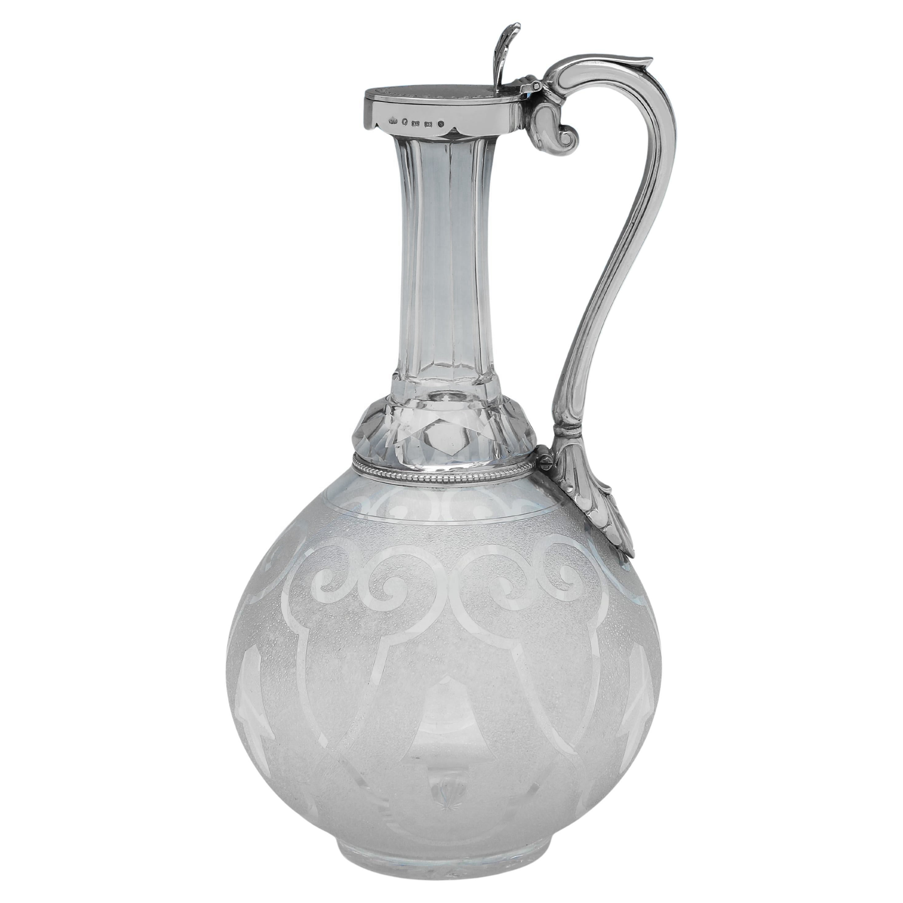 Victorian etched glass & sterling silver claret jug - Birmingham 1867