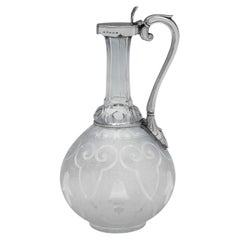 Pichet à vin victorien en verre gravé et argent sterling - Birmingham 1867