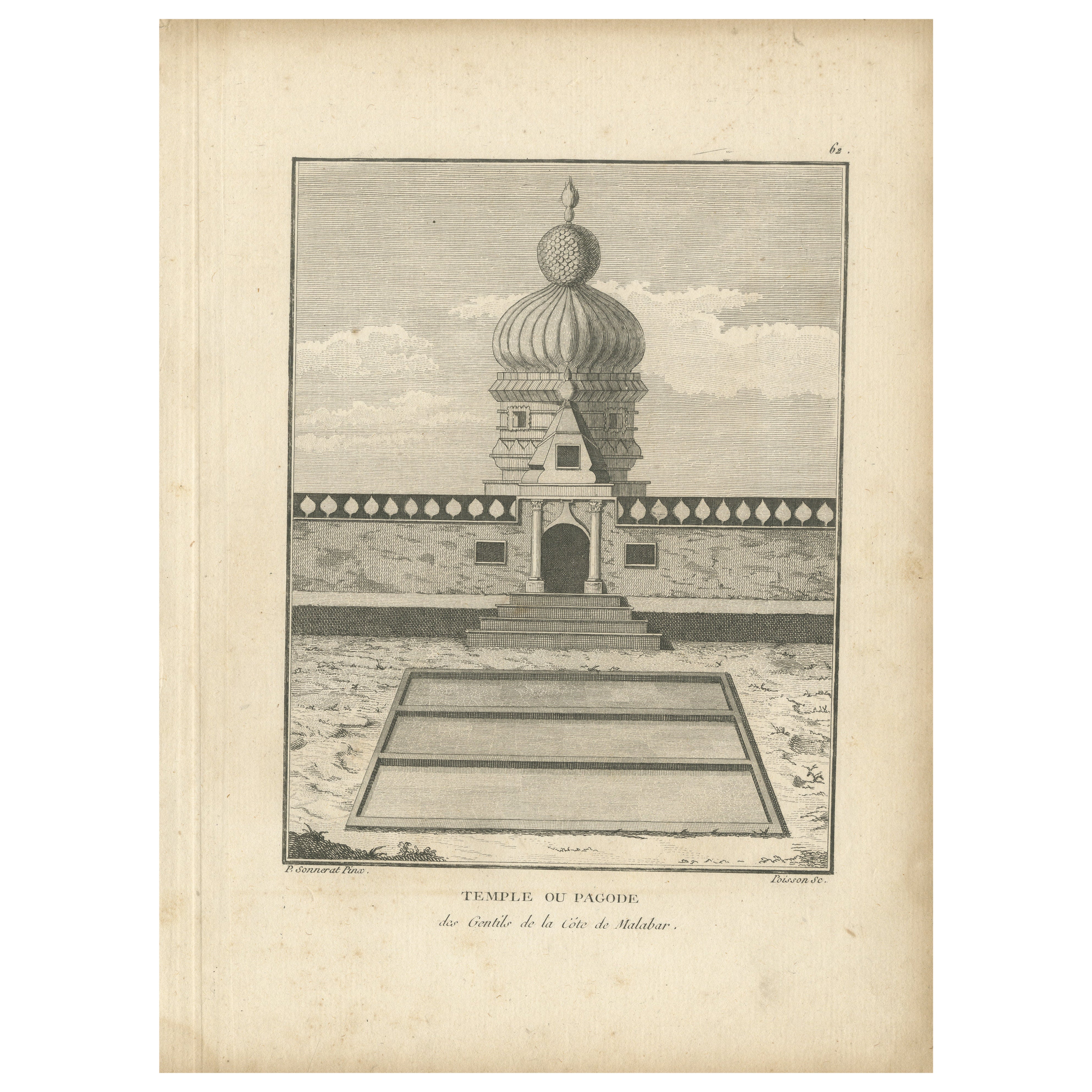 Original-Gravur der Hindu- Pagode auf der Malabar- Küste, antiker Tempeldruck, 1806