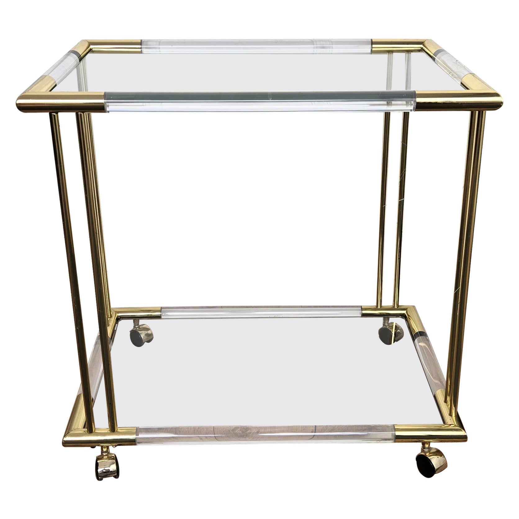 1960s Italian Two-Tier Gilt Brass PlexiGlass and Glass Dry Bar Cart