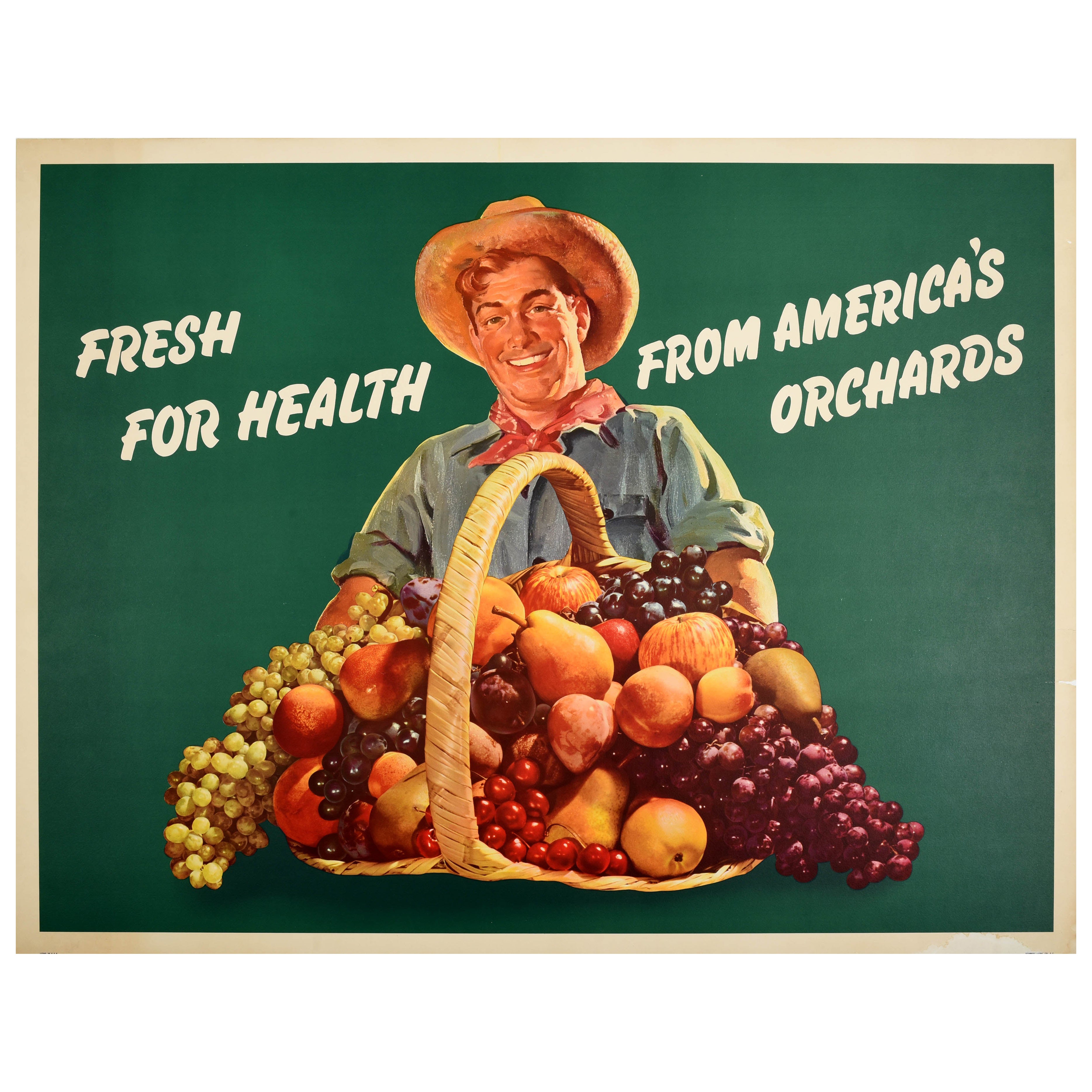 Poster originale d'epoca sul cibo fresco per la salute da Americas Orchards Fruit USA