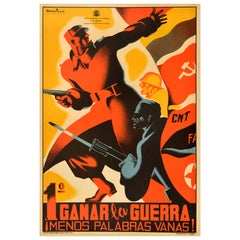 Poster originale della guerra civile spagnola d'epoca Prima vinci la guerra Meno parole vuote