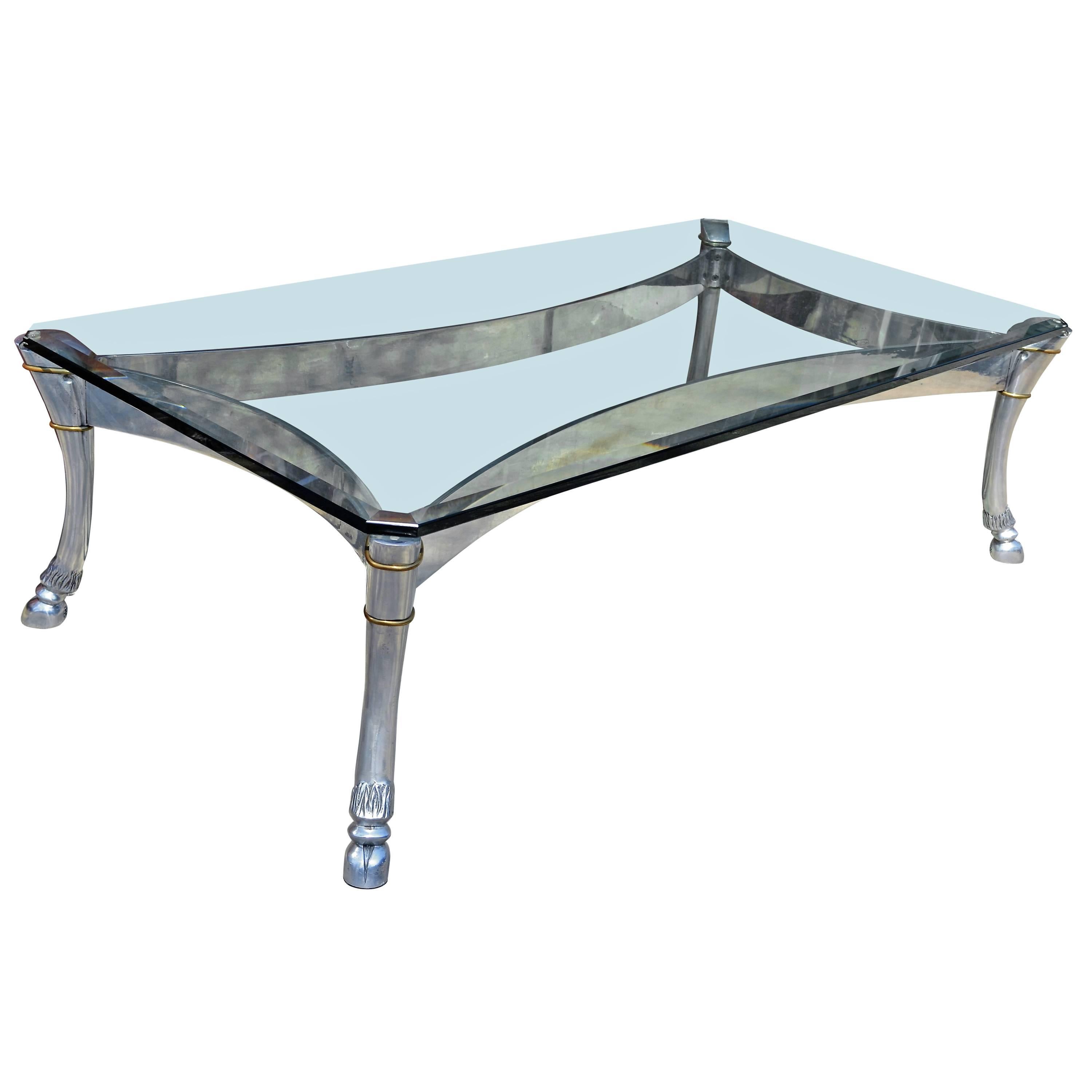 Monumental Steel and Glass Coffee Table with Large Hoofed  Legs For Sale