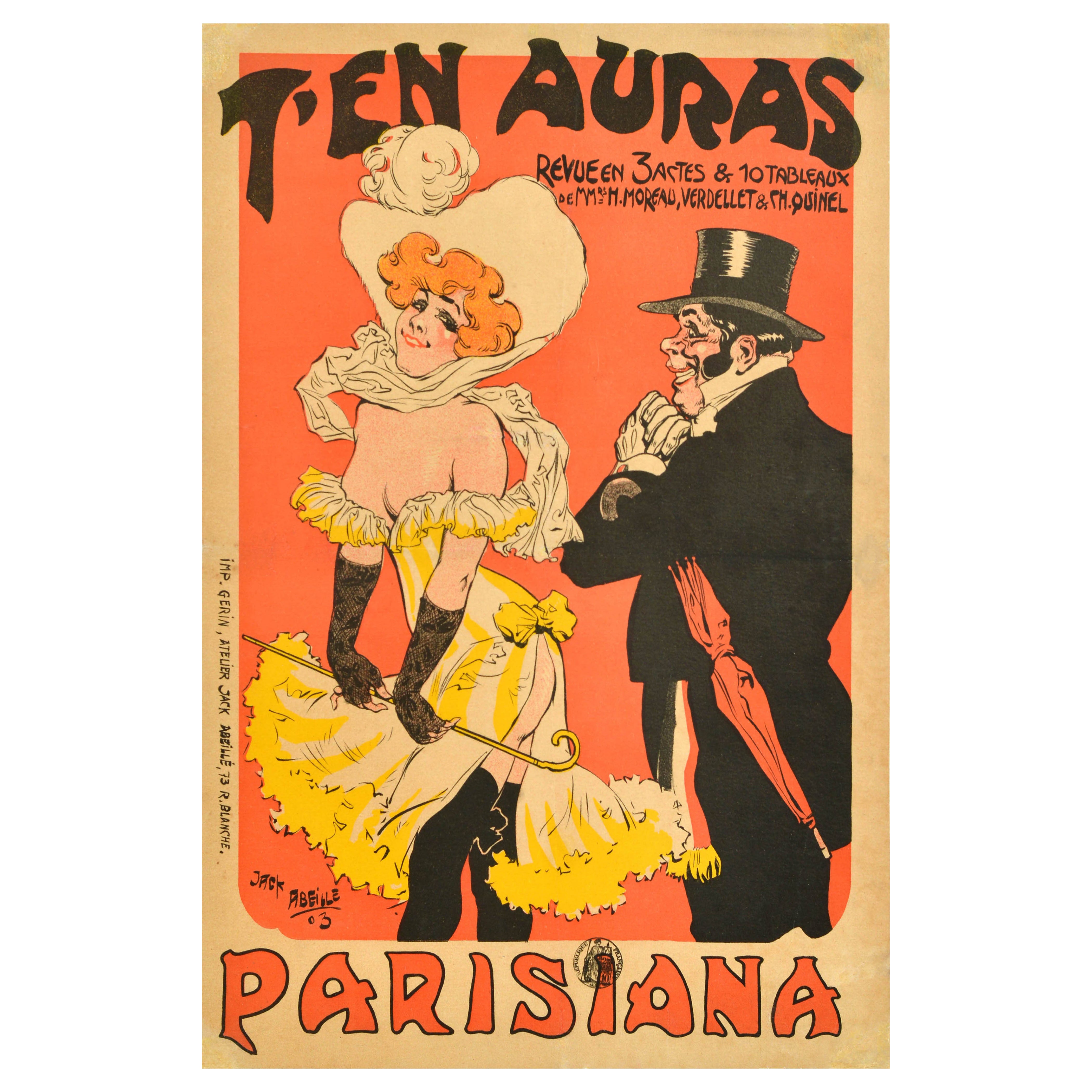Cartel Antiguo Original Teatro Cabaret T'en Auras Parisiana Revue Jack Abeille