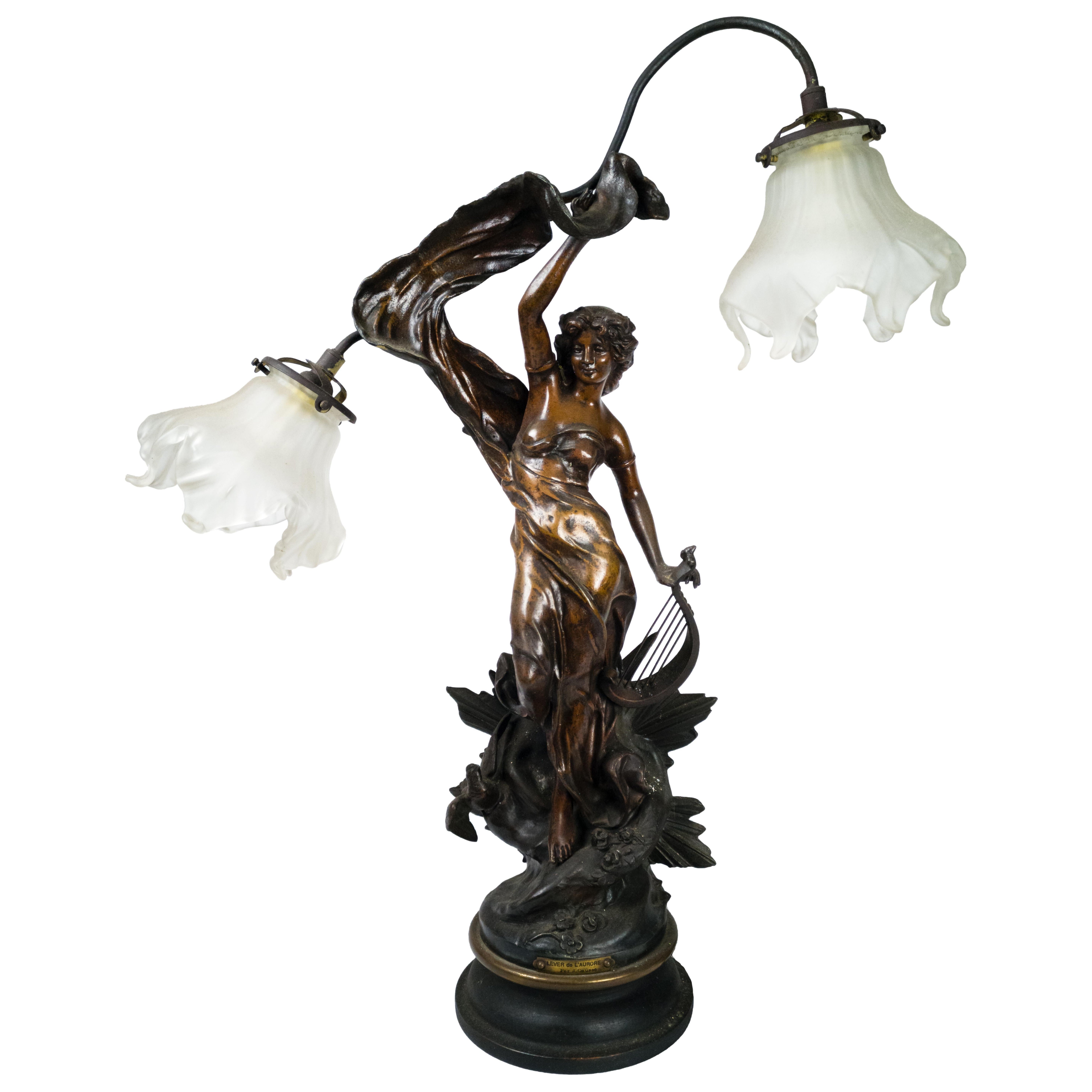 Lampe de table Art Nouveau 'Lever de l'Aurore' par J. Causse, 1889