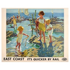 Póster de viaje vintage original East Coast Quicker By Rail LNER Dorothea Sharp