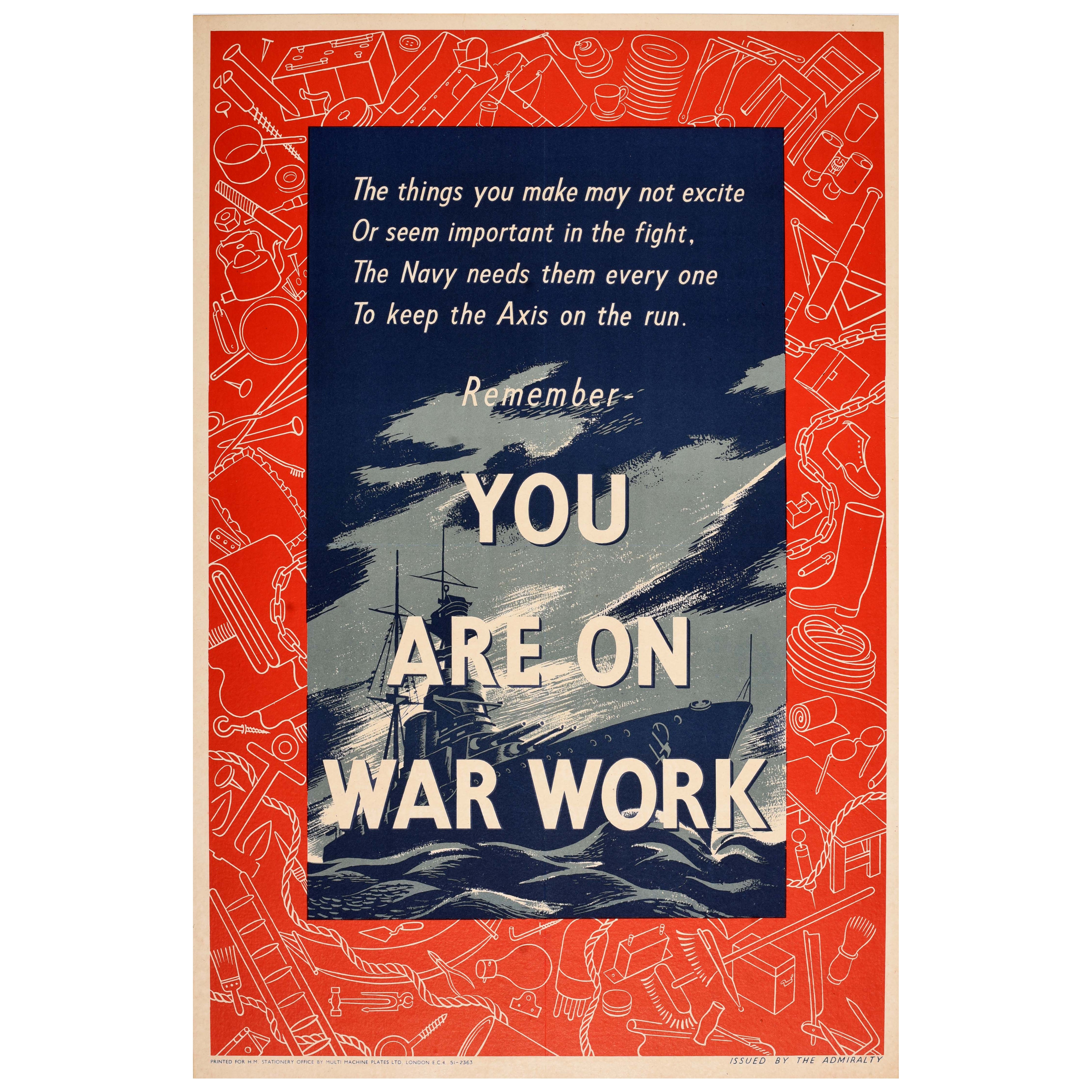 Original Vintage World War Two Poster You Are On War Work WWII Home Front UK