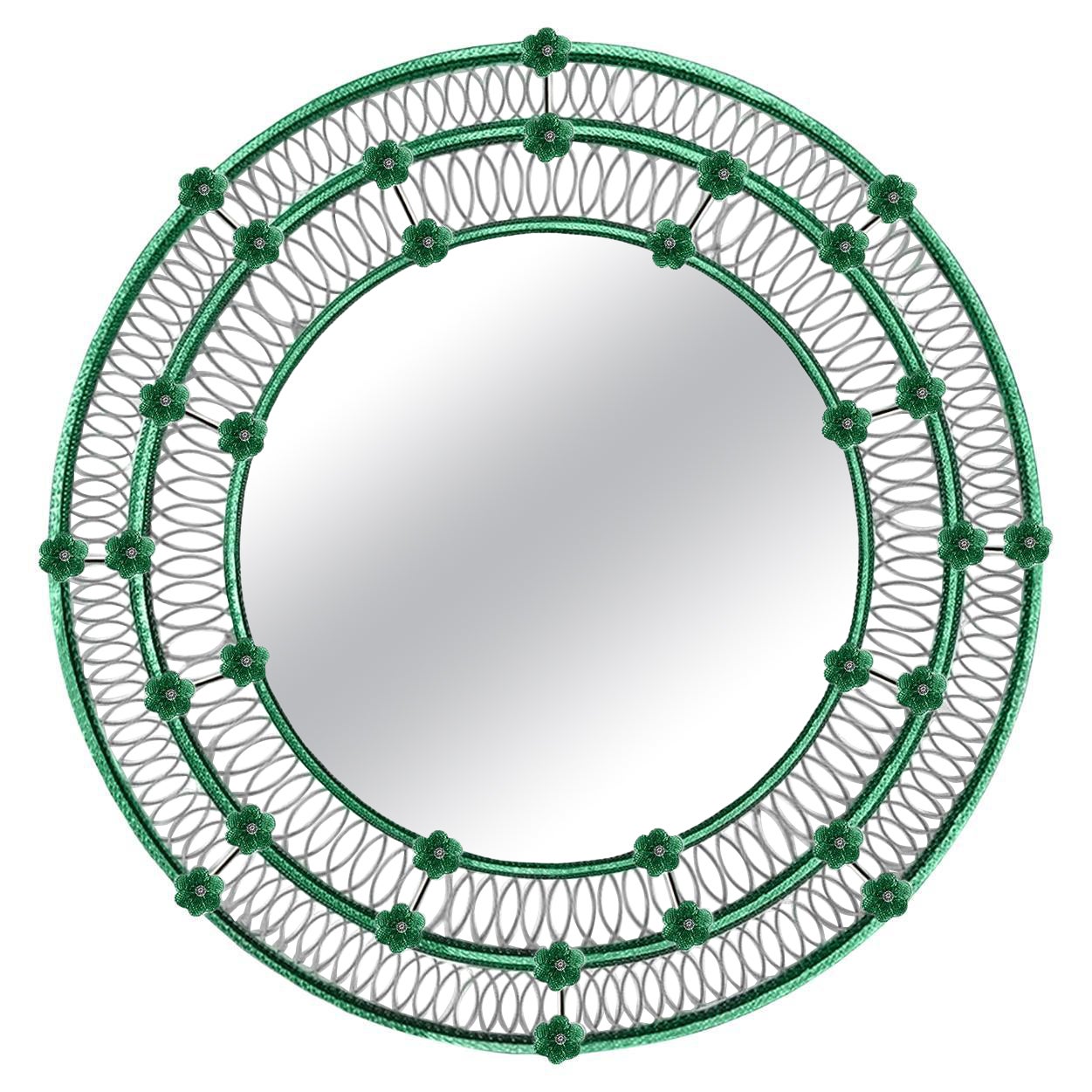 Ostregher Round Floral Green Murano Glass Mirror by Ongaro & Fuga