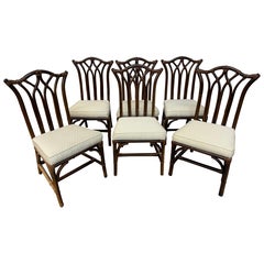 Mid-Century Modern Rattan Faux Bamboo Walnut Dining Chairs - Set of 6