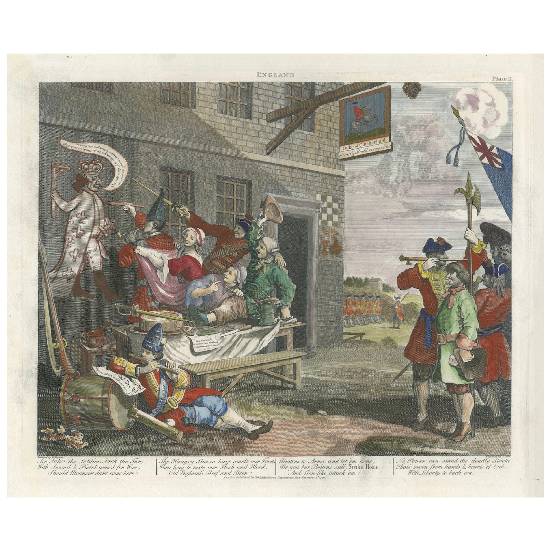 Stampa satirica sull'Inghilterra di Hogarth del 1756: Un capolavoro patriottico, pubblicato nel 1799