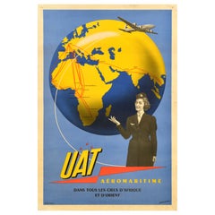 Poster pubblicitario d'epoca originale UAT Union Aeromaritime De Transport