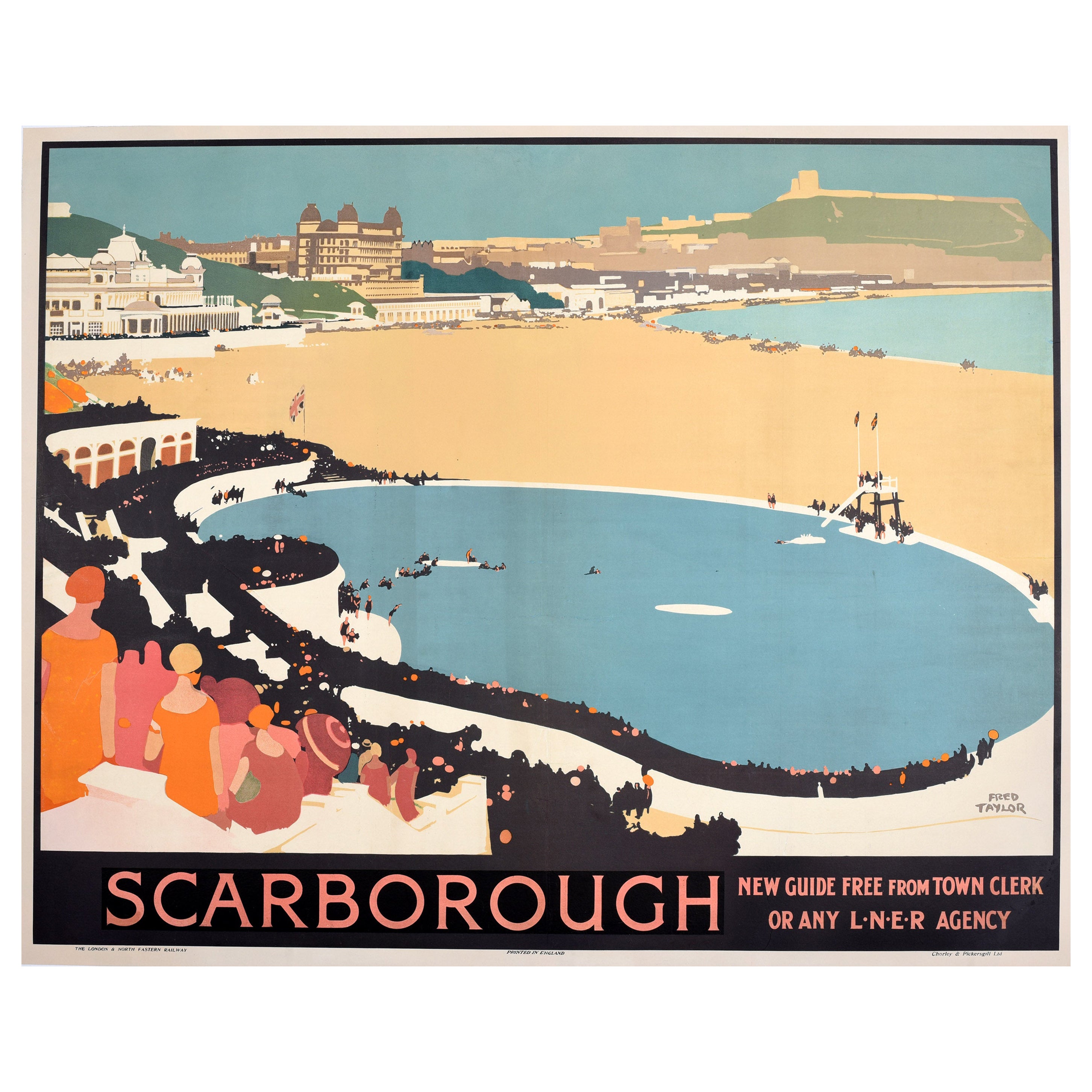 Original Vintage Cartel de viaje en tren Scarborough LNER Fred Taylor Art Déco
