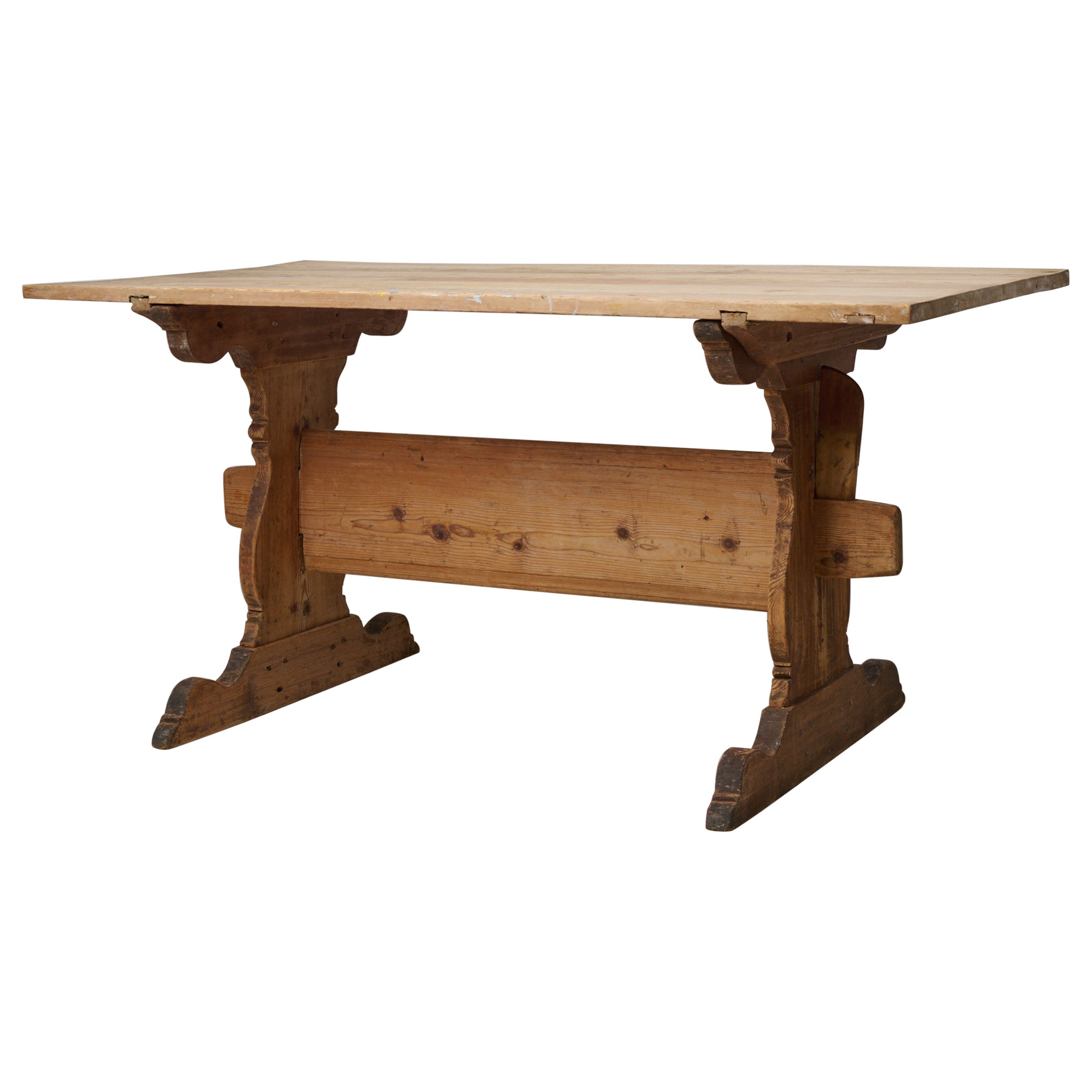 Northern Swedish Antique Solid Pine Handmade Trestle Desk, Dining or Work Table