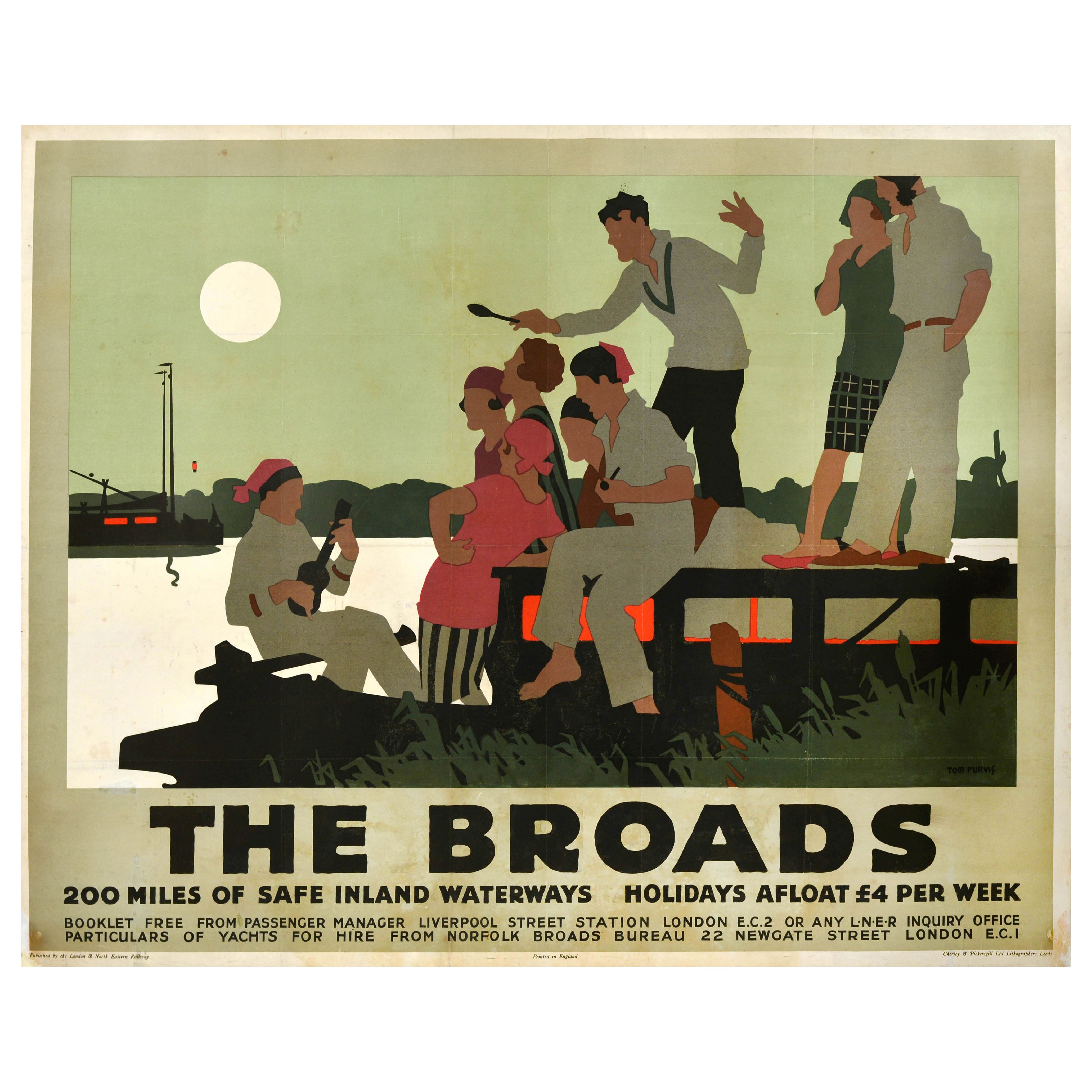 Original Antique Train Travel Poster The Broads LNER Railway Tom Purvis