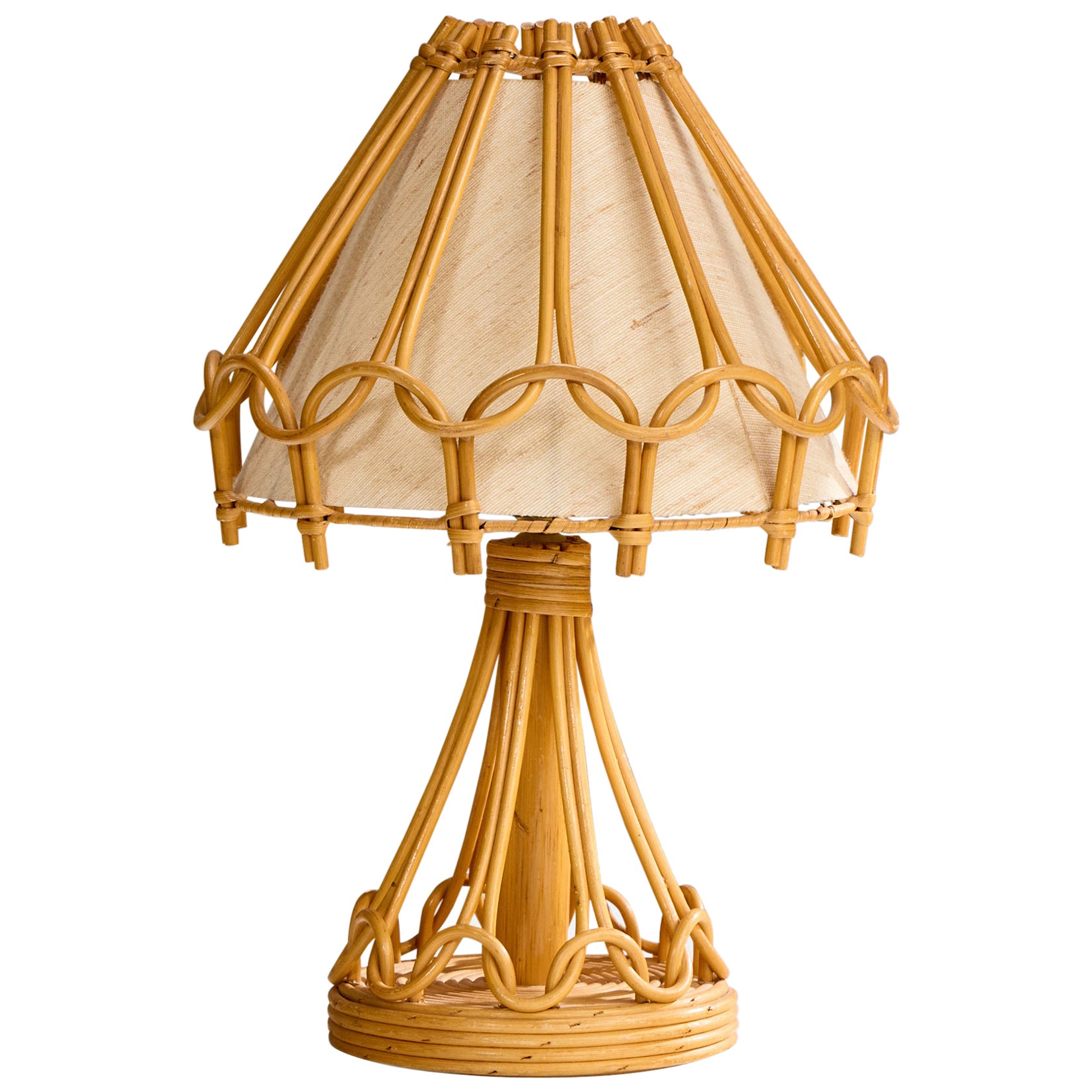 French Designer, Table Lamp, Bamboo, Rattan, Fabric, France, 1970s