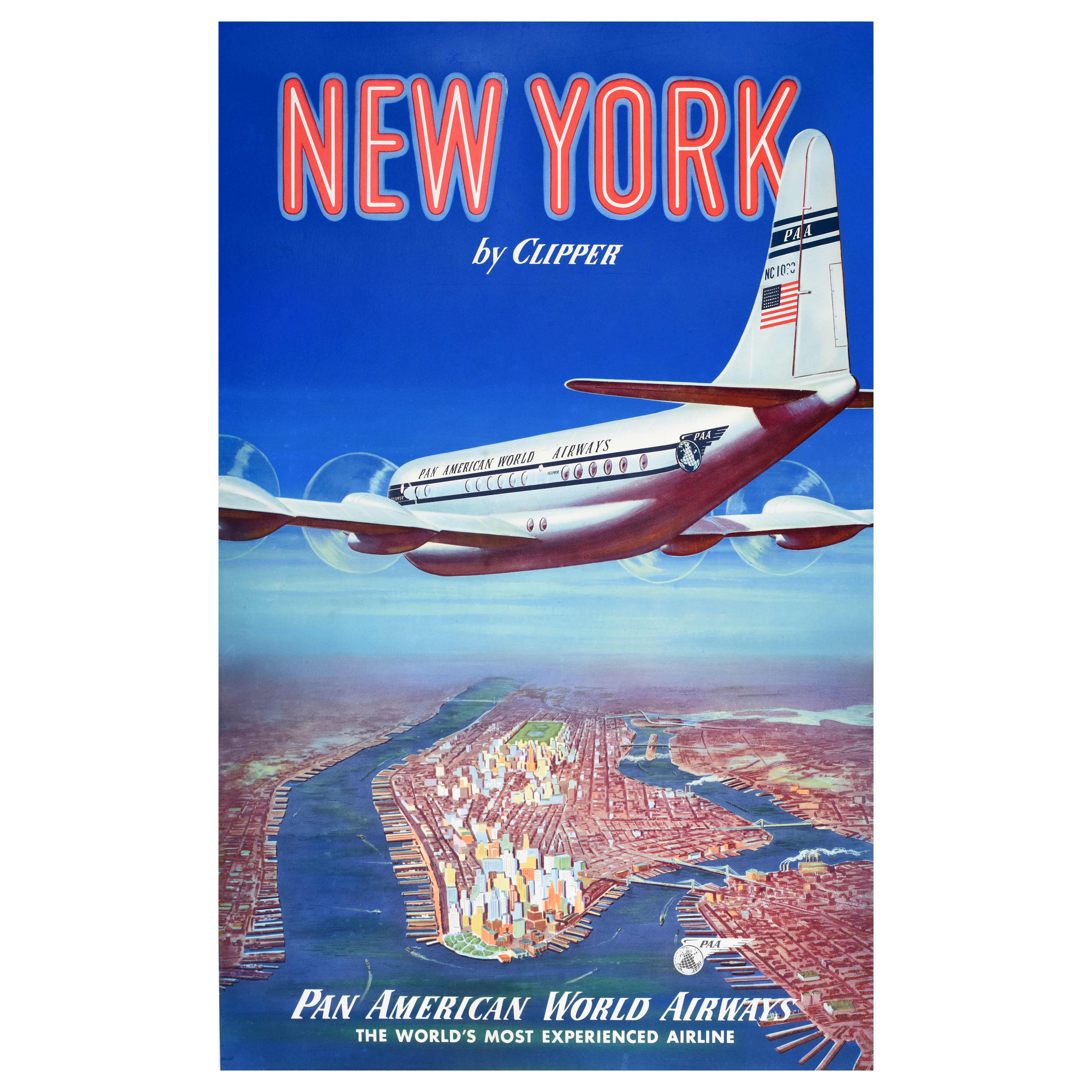 Original-Vintage-Reiseplakat, New York, von Clipper Pan American Manhattan, USA