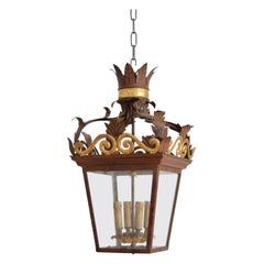 Italian Red Painted and Gilt Metal 4-Light Lantern, mid 20th century