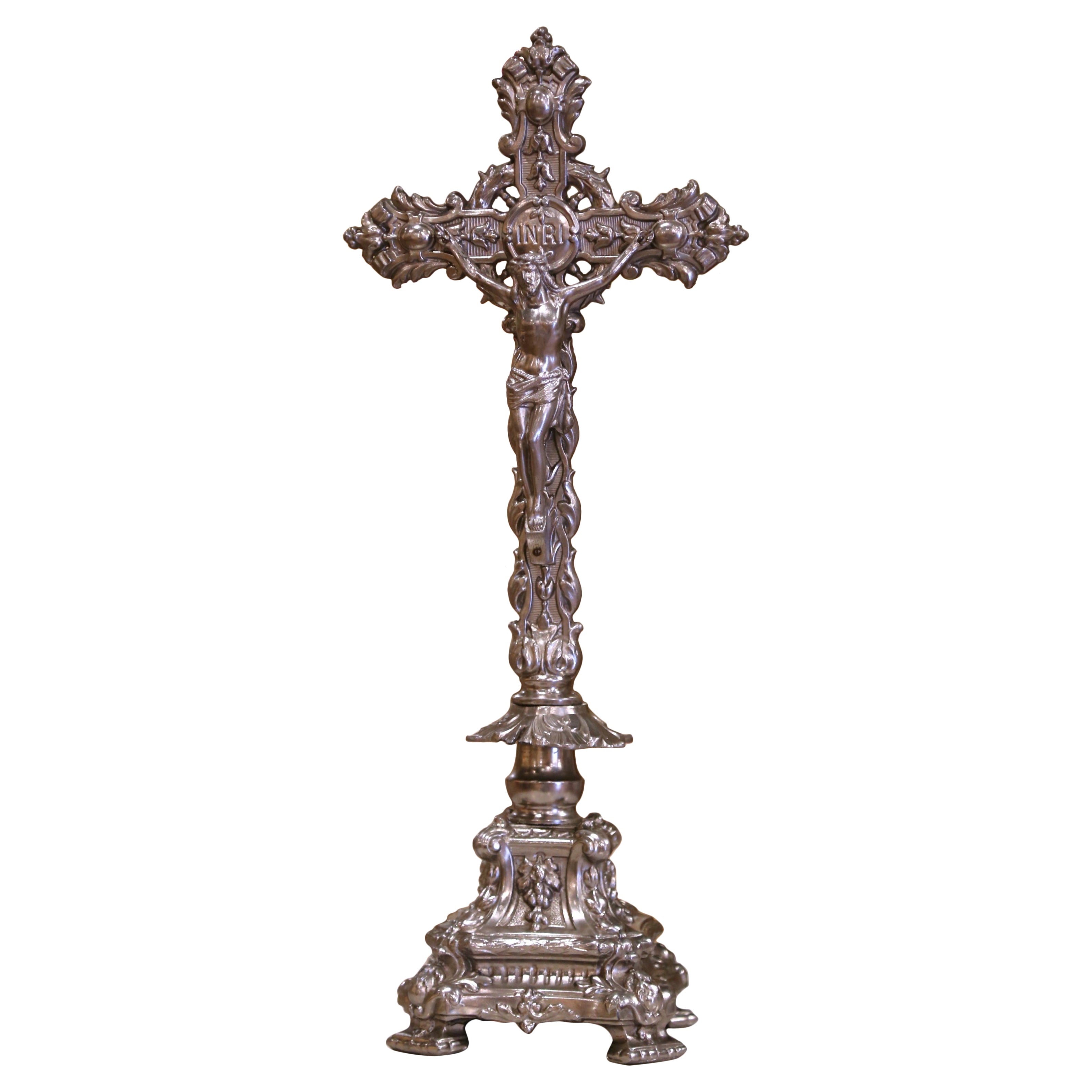 Early 20th Century French Spelter Crucifix with Ornate Base and Foliated Cross