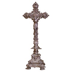 Early 20th Century French Spelter Crucifix with Ornate Base and Foliated Cross