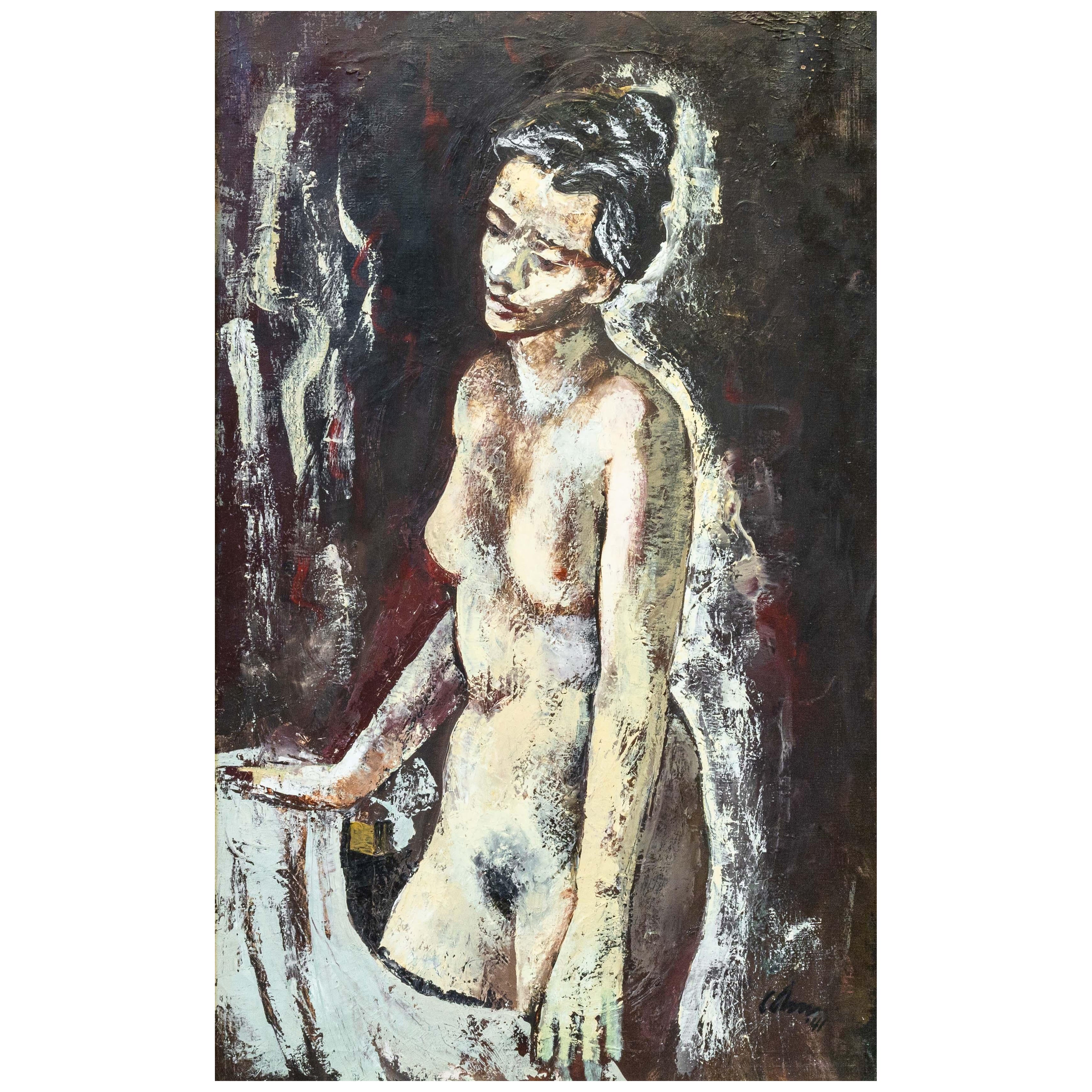 Harold Cohn Immobile nel nudo, dipinto a olio figurativo modernista firmato