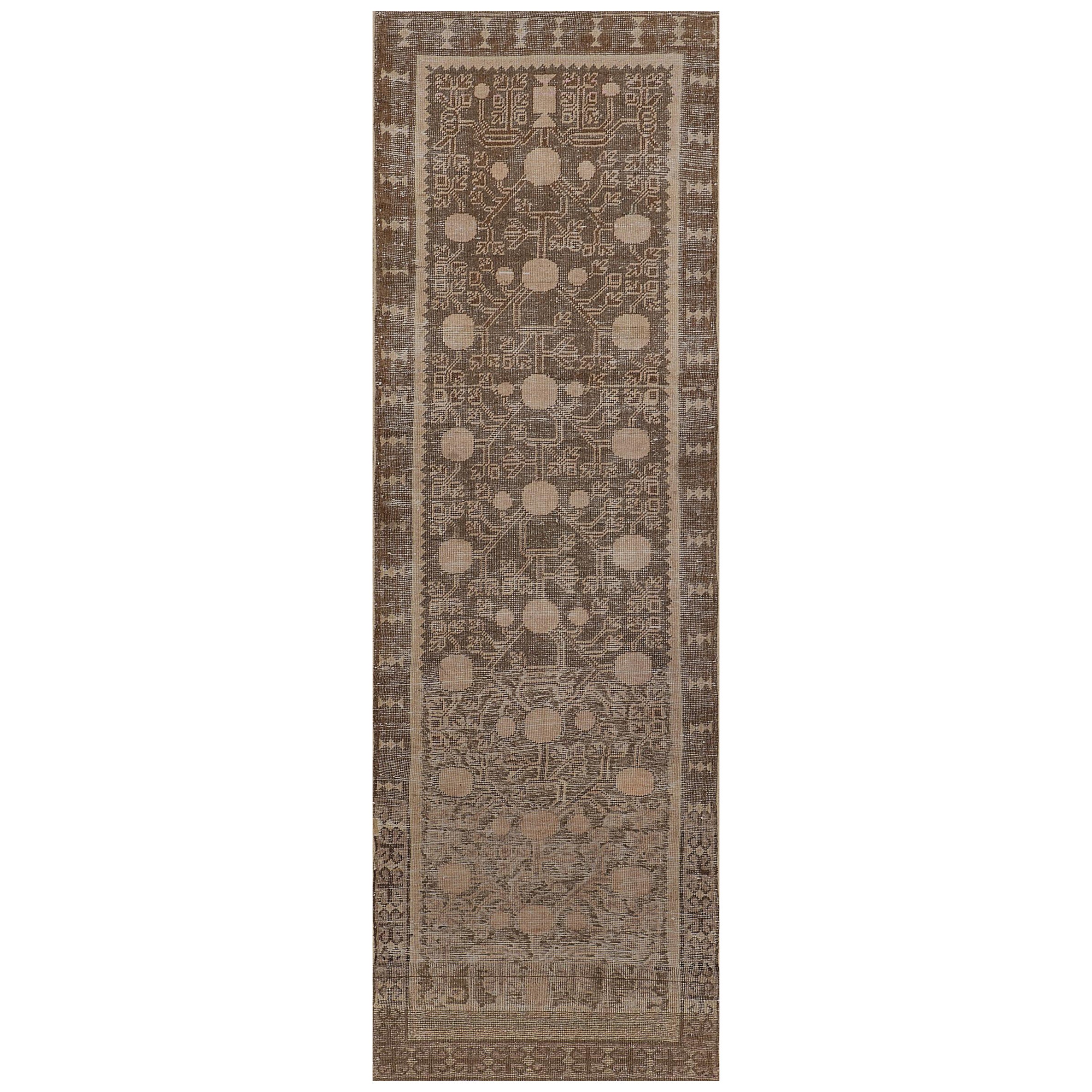 Authentic Antique Wool Light-Brown Floral Khotan Runner