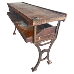 19th C Antique Distressed Industrial Work Table or Console Leiman Brothers