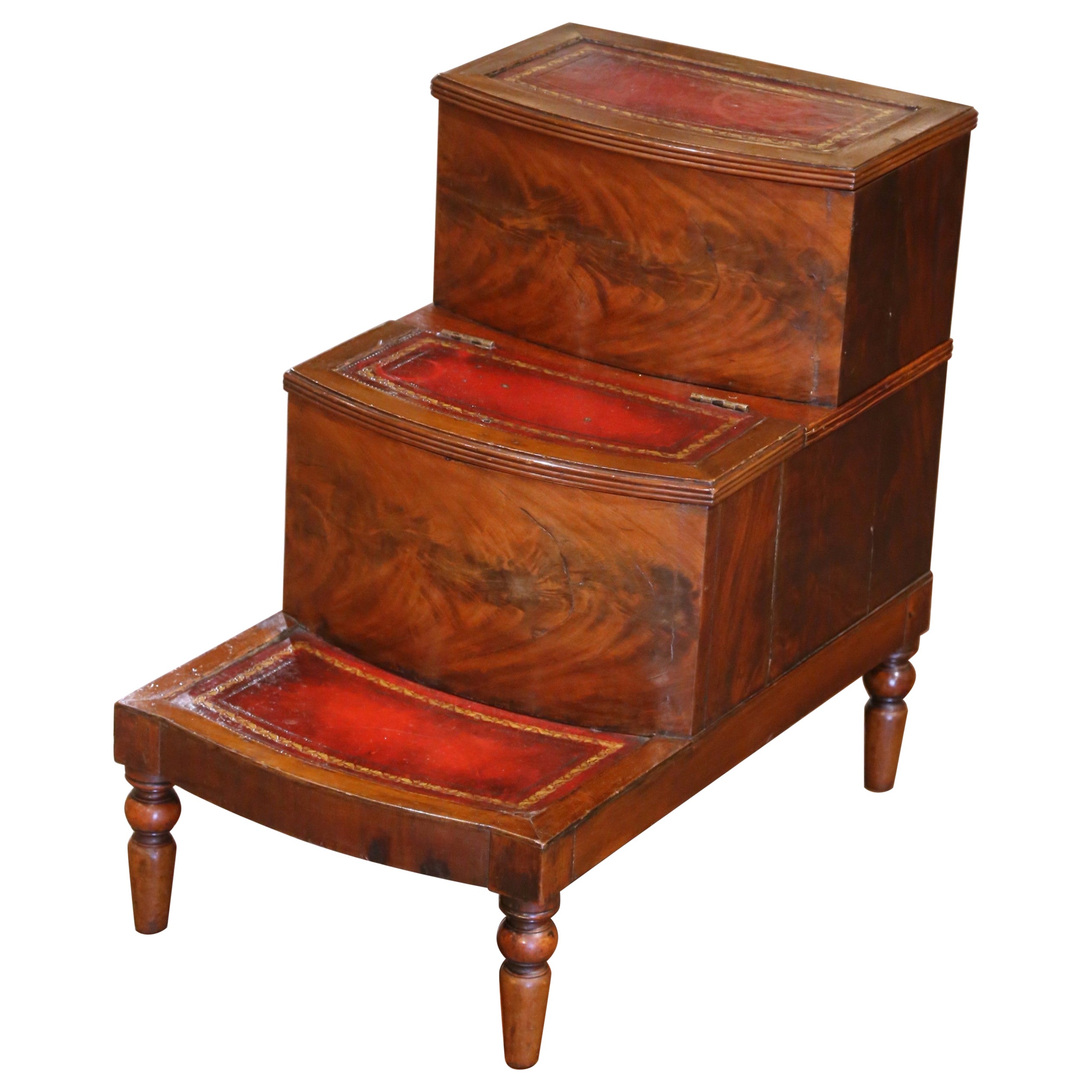 Early 20th C. English Mahogany Library Steps with Tooled Leather and Storage