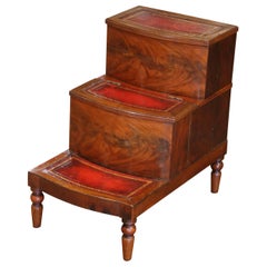 Early 20th C. English Mahogany Library Steps with Tooled Leather and Storage