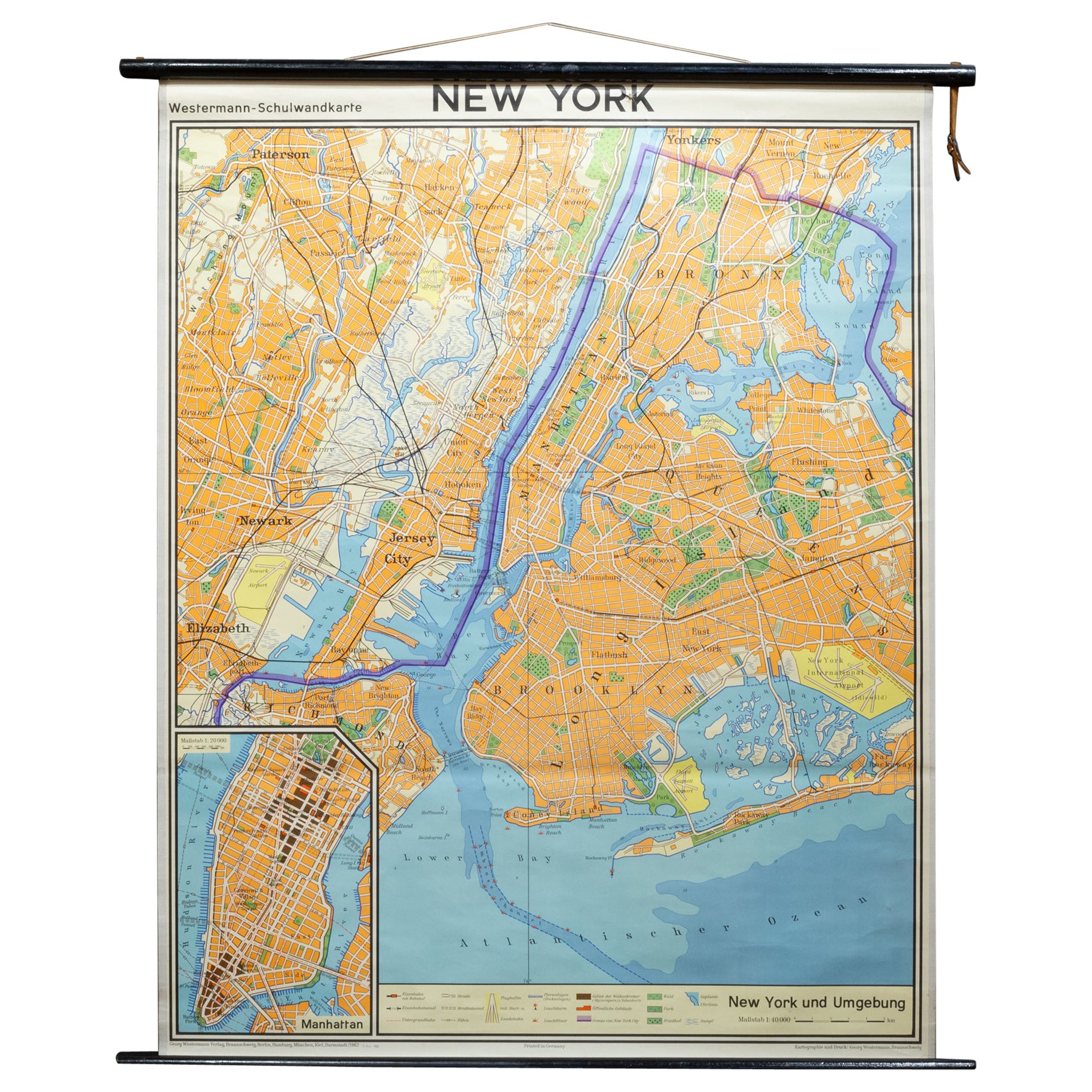 Carte murale de l'école allemande du milieu du siècle New York City and Vicinity Map c.1962