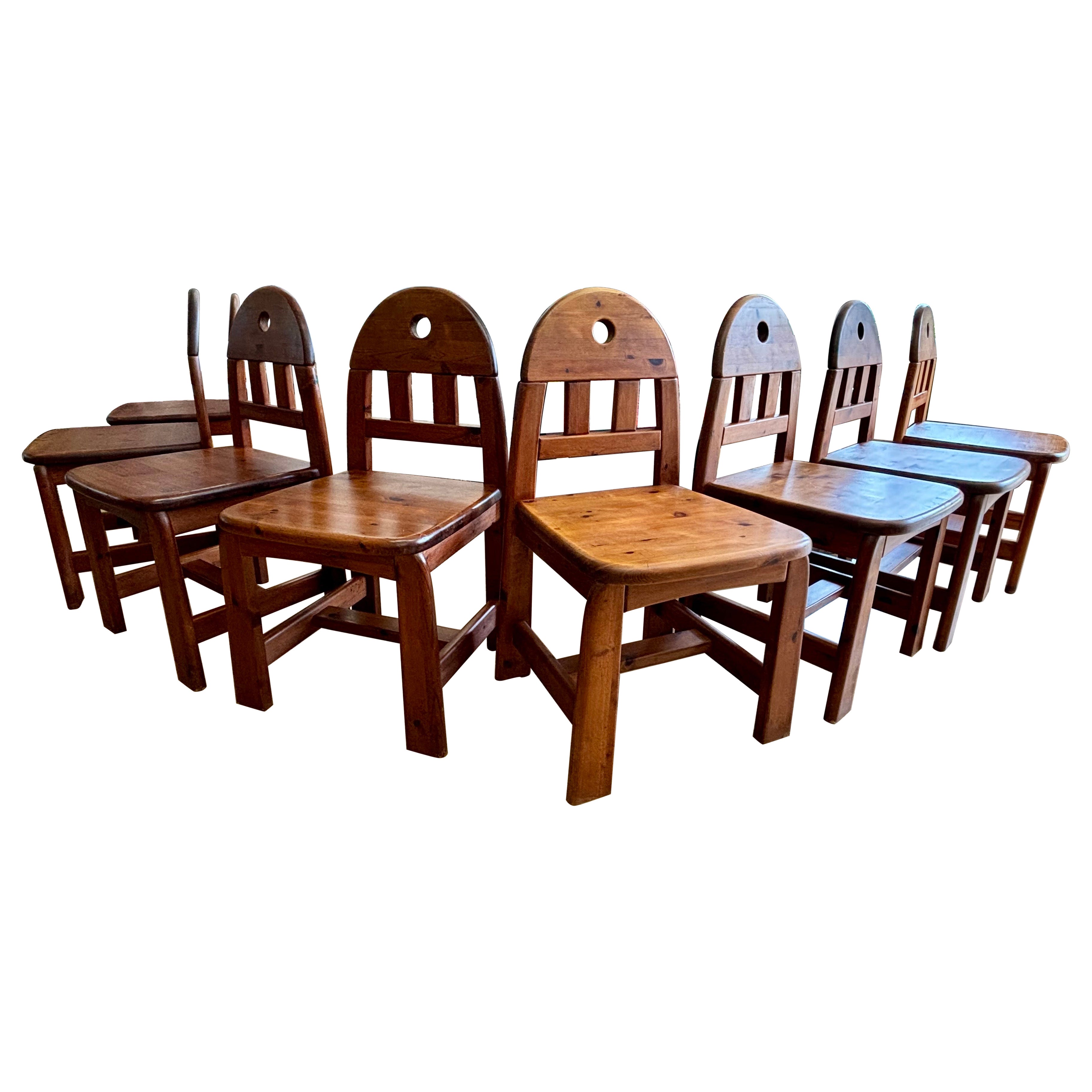 Set of 8 Brutalist Pine Dining Chairs by Wasa Möbel, Germany, Circa 1970s