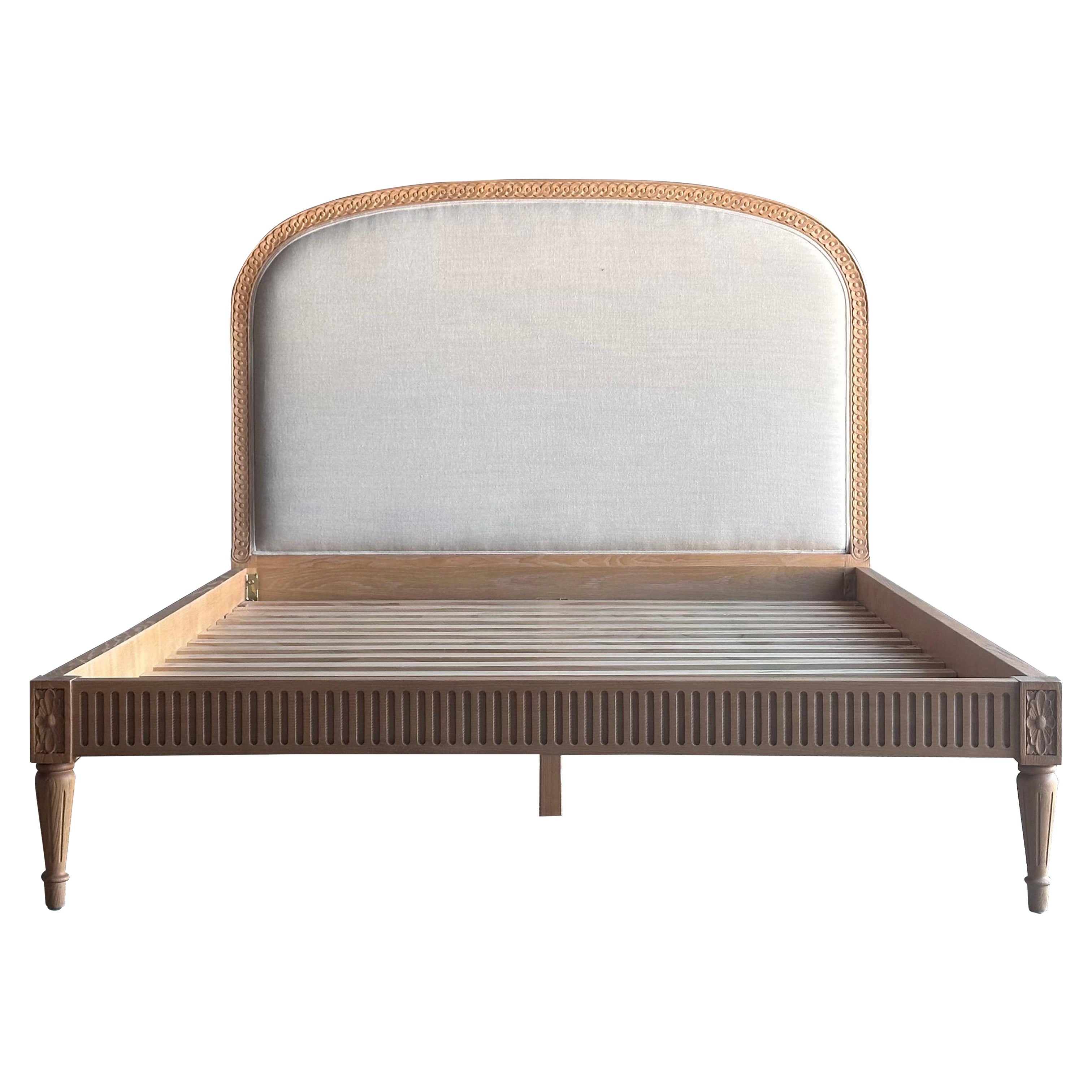 Louis Solid Oak French Carved King Size Bed Upholstered in Natural Linen