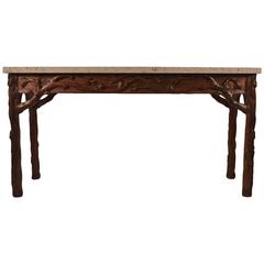 Carved Wood with Fossilized Cast Stone Top Console Table