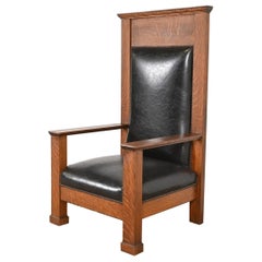 Antique Mission Oak Arts & Crafts Monumental Throne Chair, Circa 1900