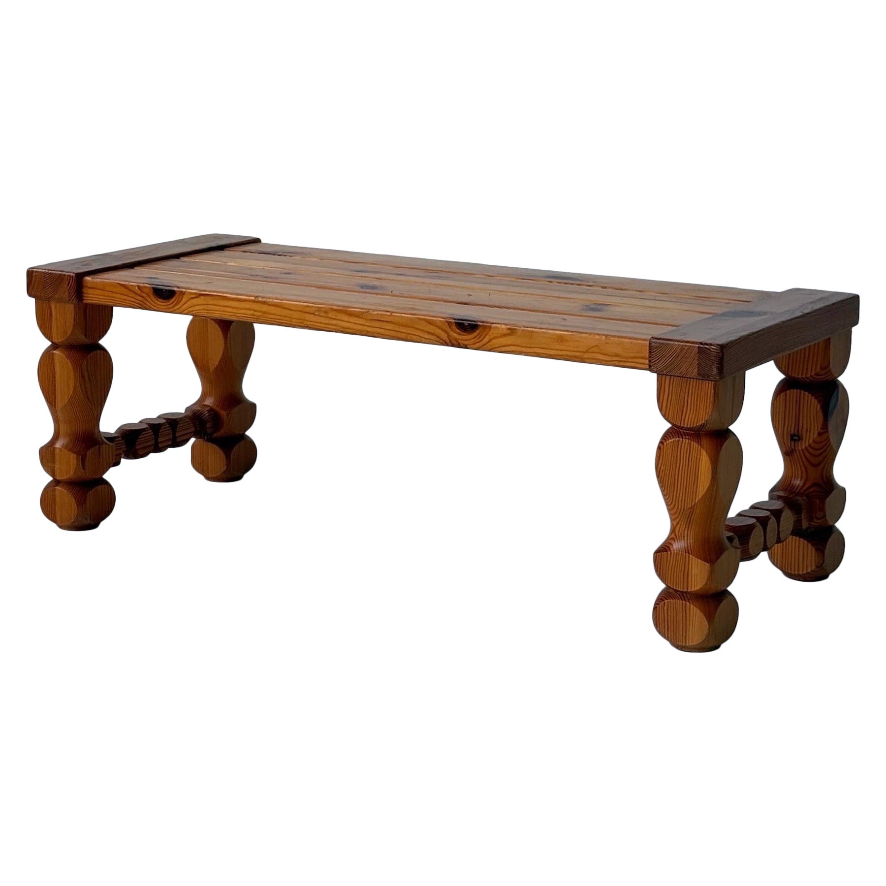 Brutalist Carved Pine Table/Bench by Glas Master Markaryd For Sale