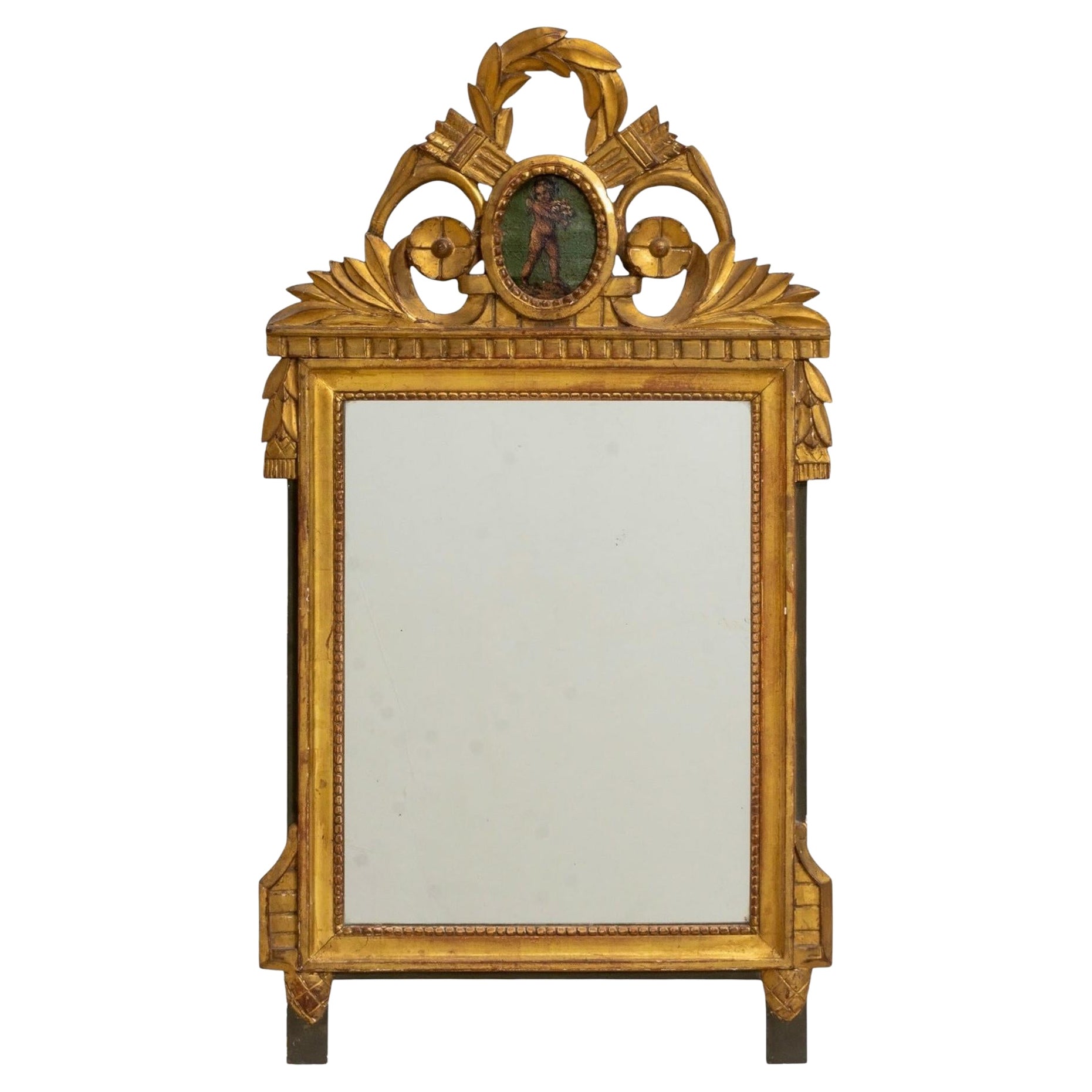 19. Jahrhundert. Französisch Neo-Klassik Revival Giltwood Wandspiegel W / Painted Putti