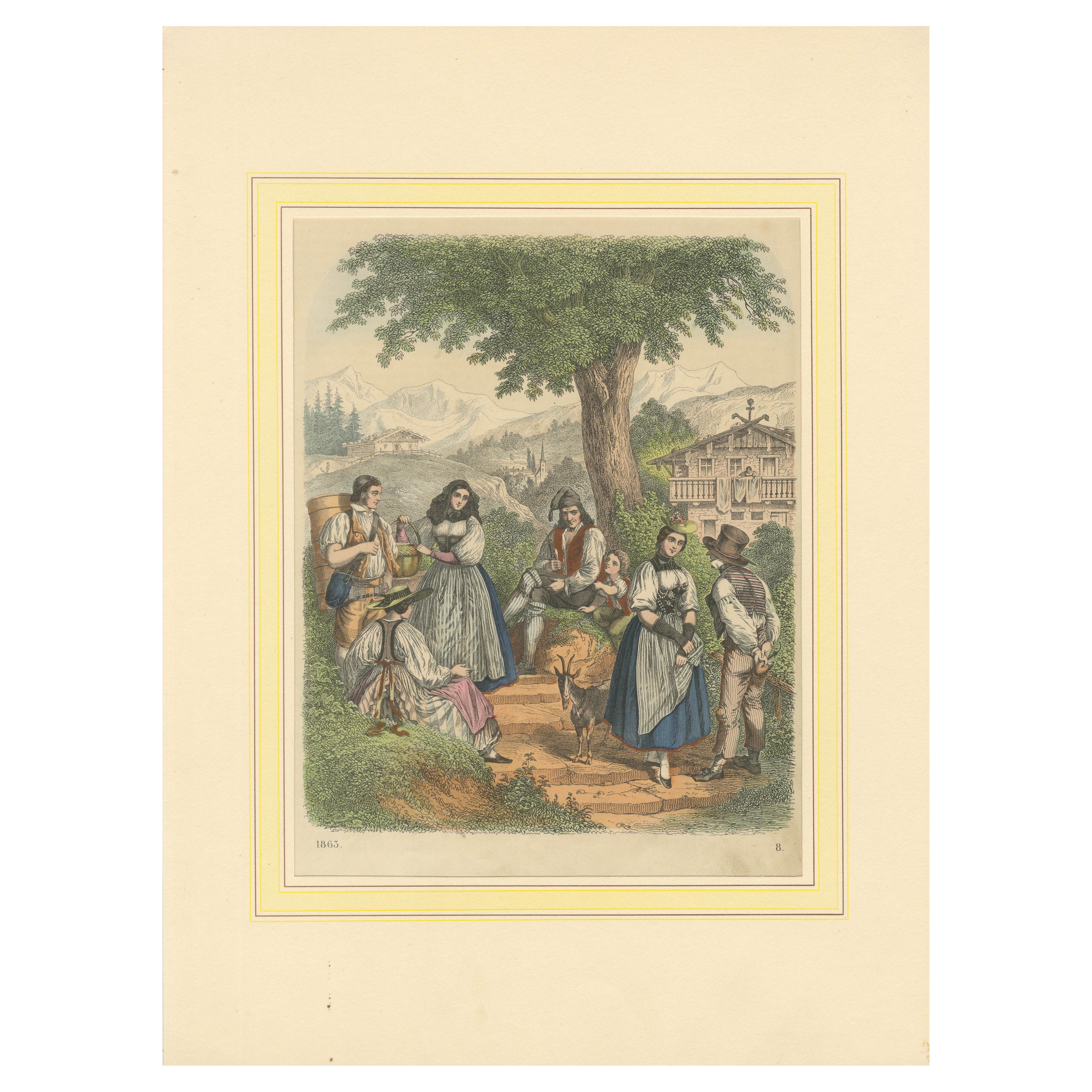 Swiss Village Gathering: A Moment of Alpine Life - Hand-Colored Lithograph, 1863