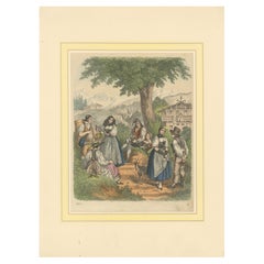 Swiss Village Gathering: A Moment of Alpine Life - Hand-Colored Lithograph, 1863