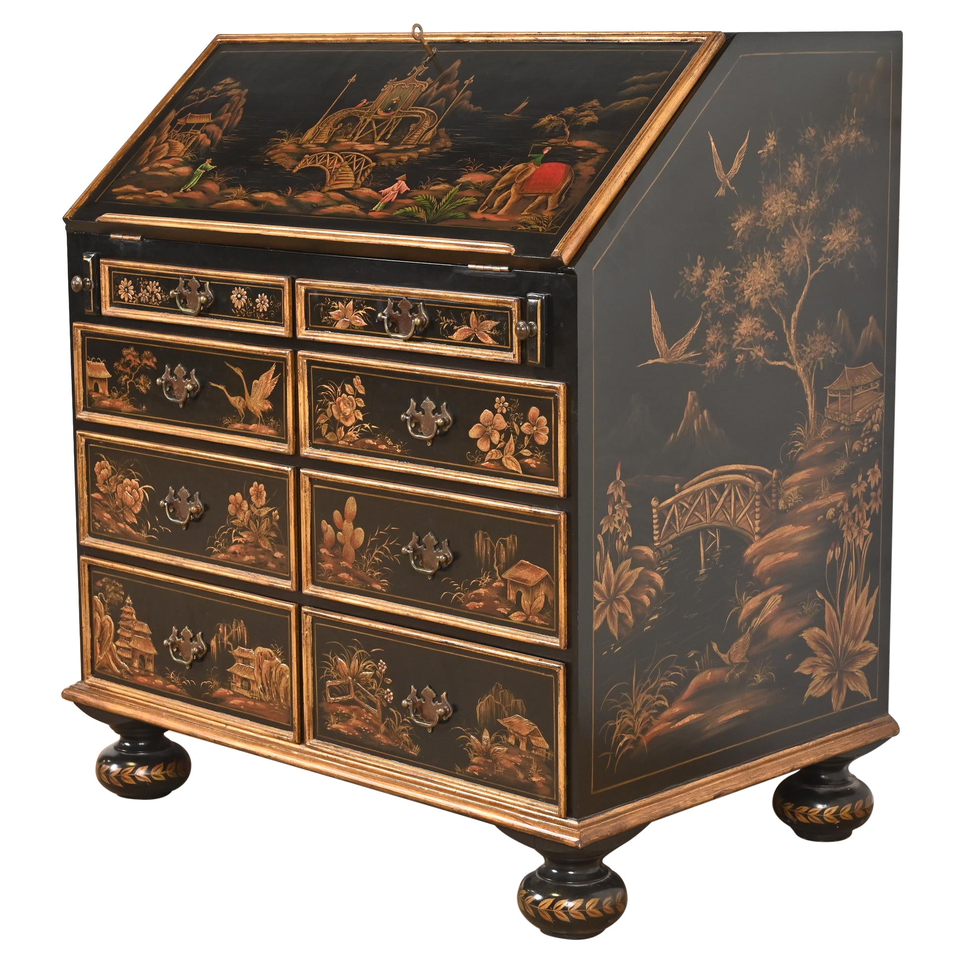 Baker Furniture Style William & Mary Chinoiserie Black Lacquered Bureau Desk