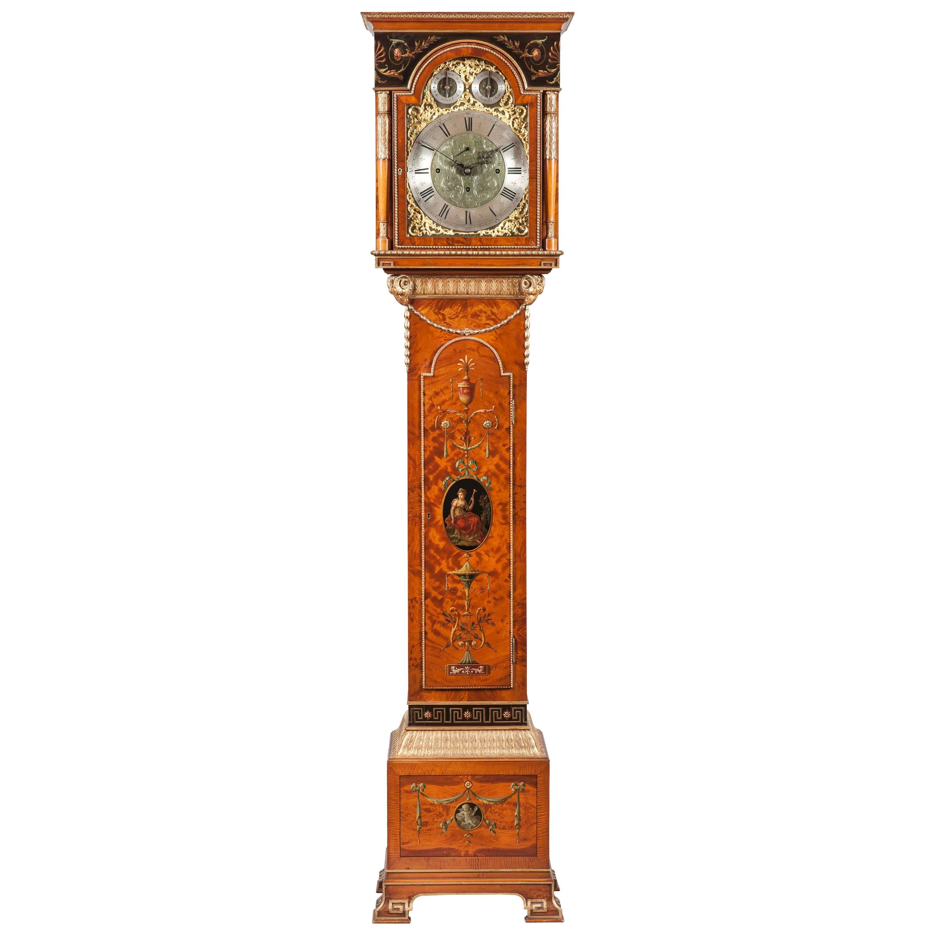 English Satinwood Longcase Clock in the Neoclassical Style For Sale