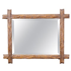 Antique Black Forest Mirror with Rustic Carved Frame