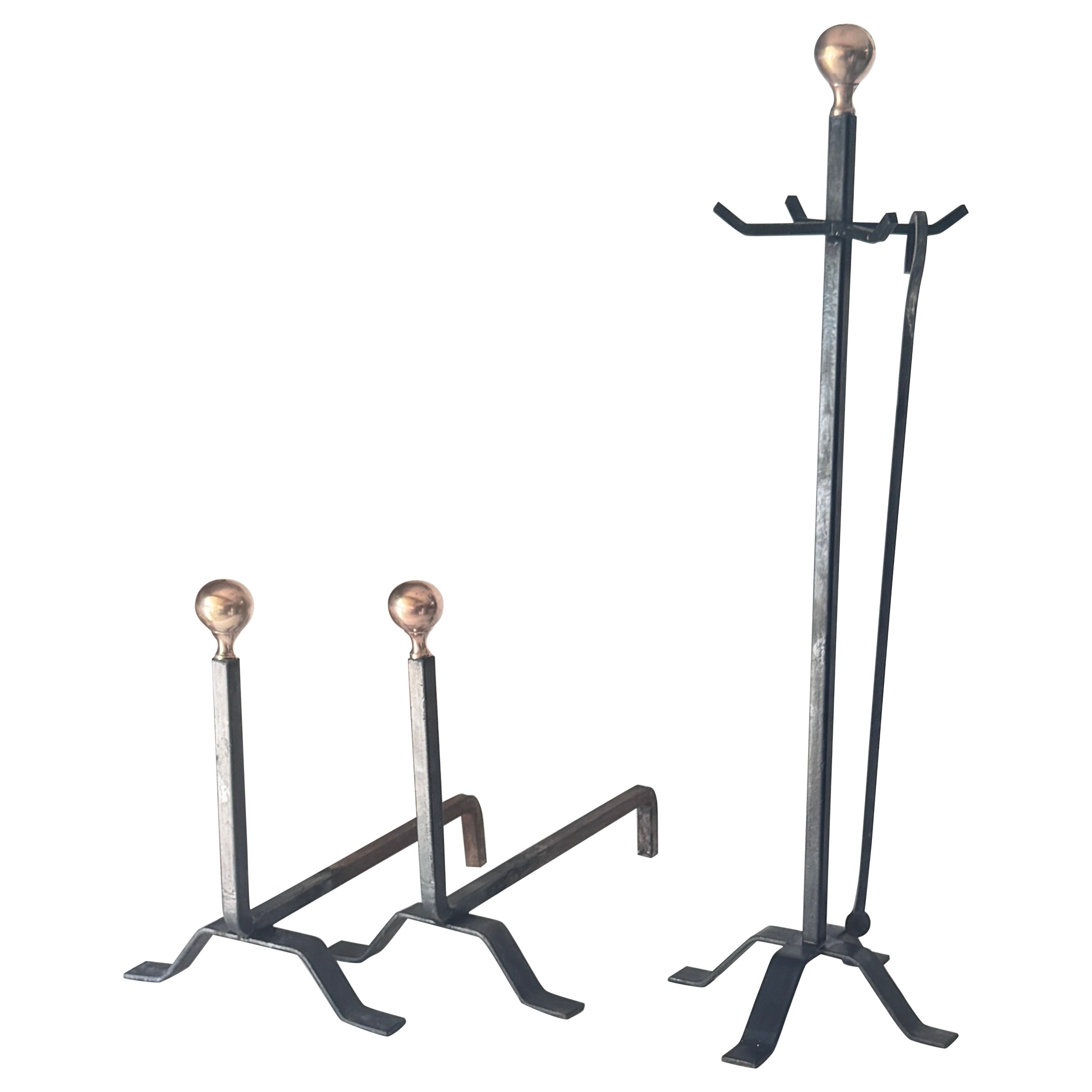 Elegant 1950s French Fireplace Tool Set Black Cast Iron with Polished Brass For Sale