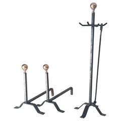Elegant 1950s French Fireplace Tool Set Black Cast Iron with Polished Brass