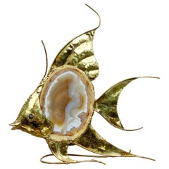 Grande lampe poisson d'ange Duval Brasseur en agate dorée