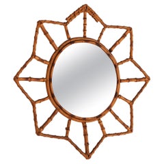 Mid-Century Starburst Mirror, Bamboo and Rattan Wall Decor, France 1960s