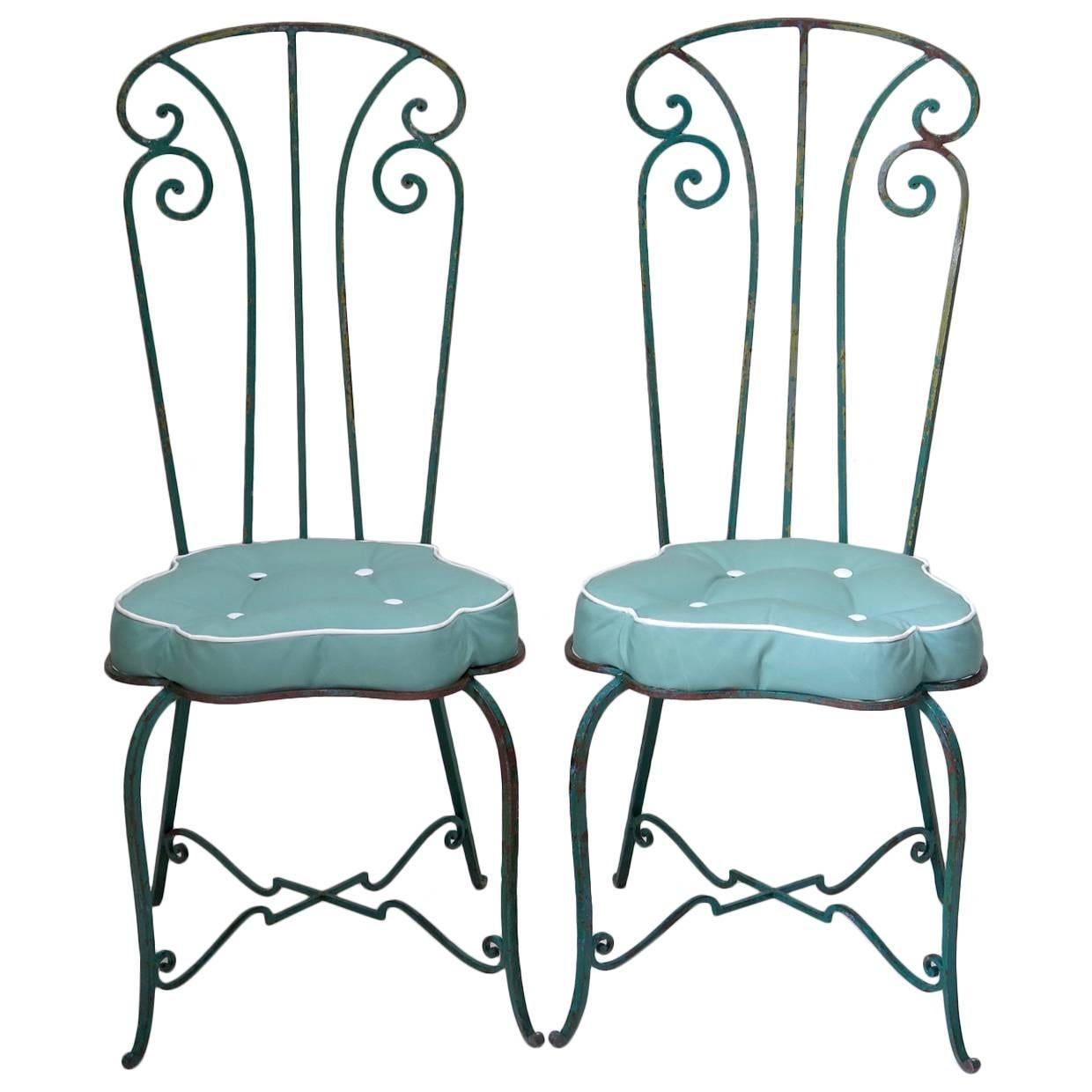 Set of Seven Art Nouveau Iron Chairs with Flower Seats, France, circa 1920s