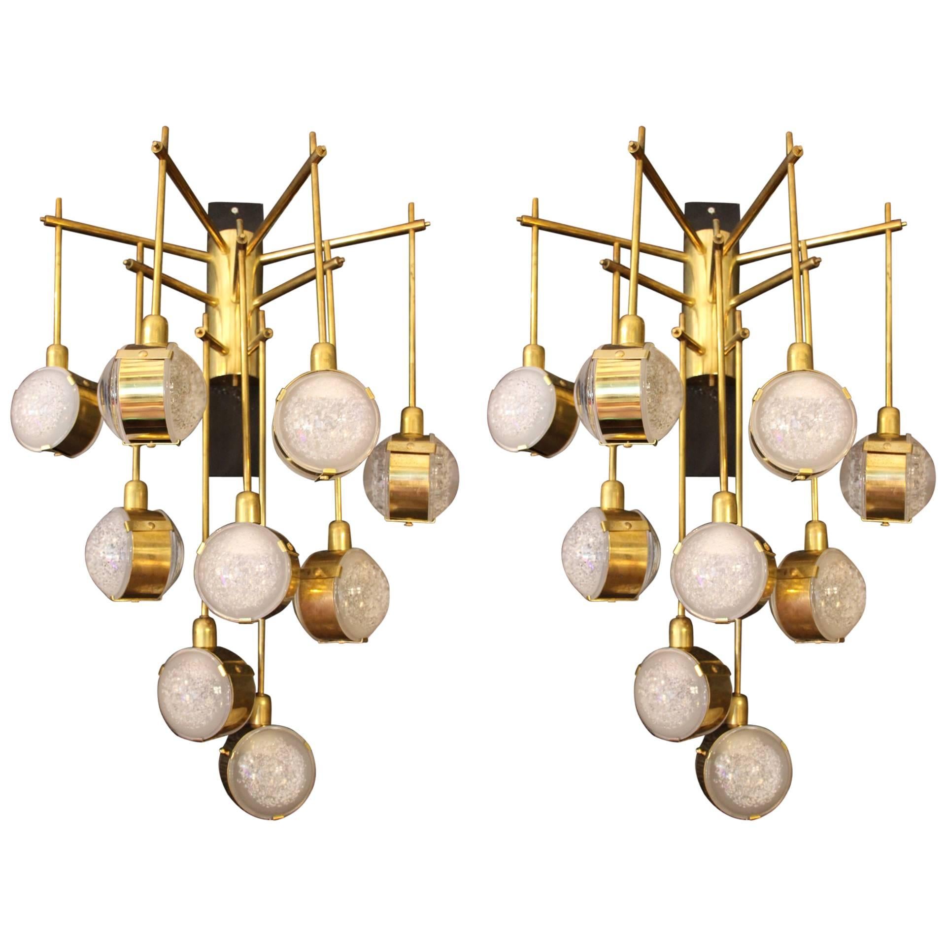 Italian Modern Mid-Century Long Pair of Brass and Glass Sconces