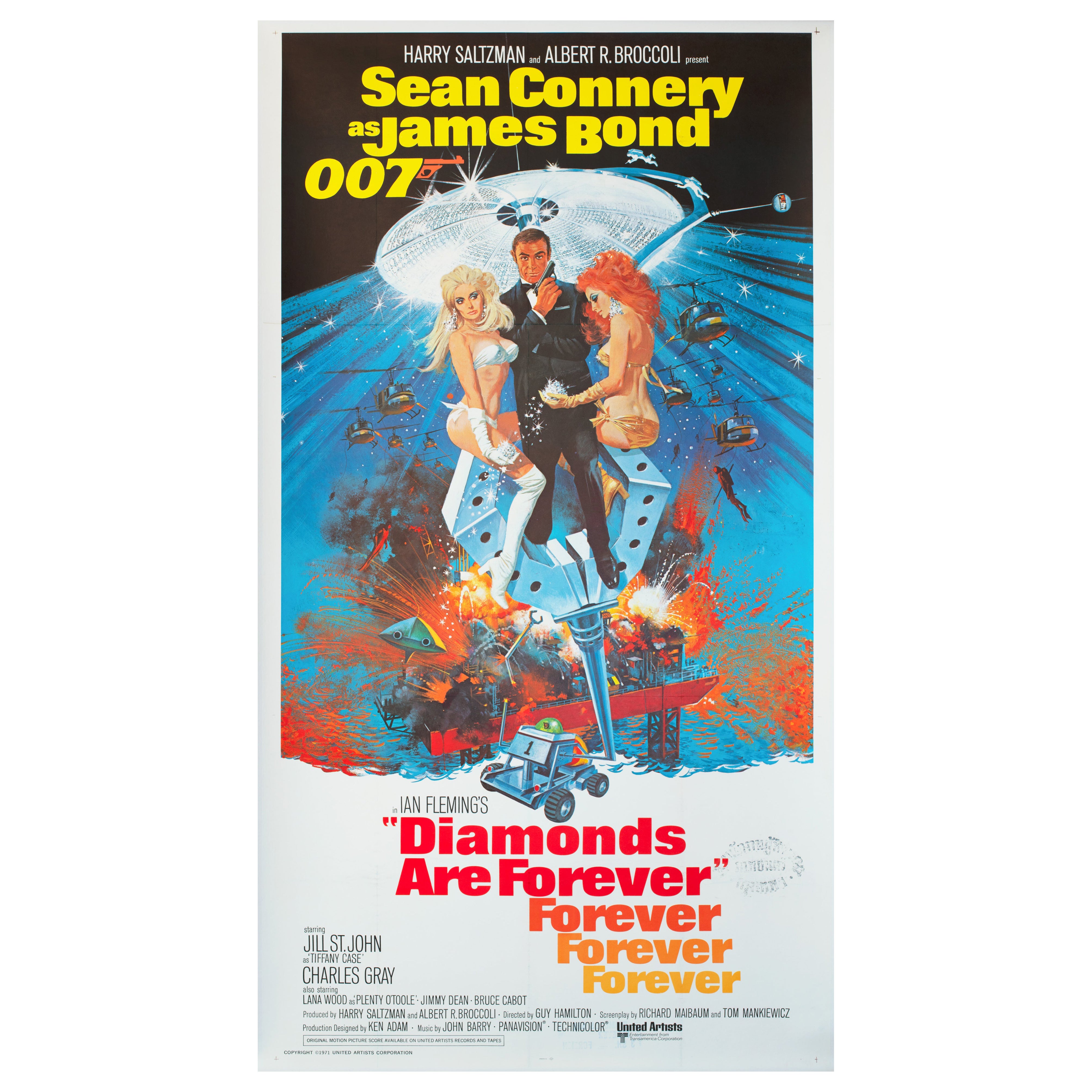 LOS DIAMANTES SON PARA SIEMPRE  Cartel de cine estadounidense de 3 hojas de 1971, Bond,  ROBERT MCGINNIS