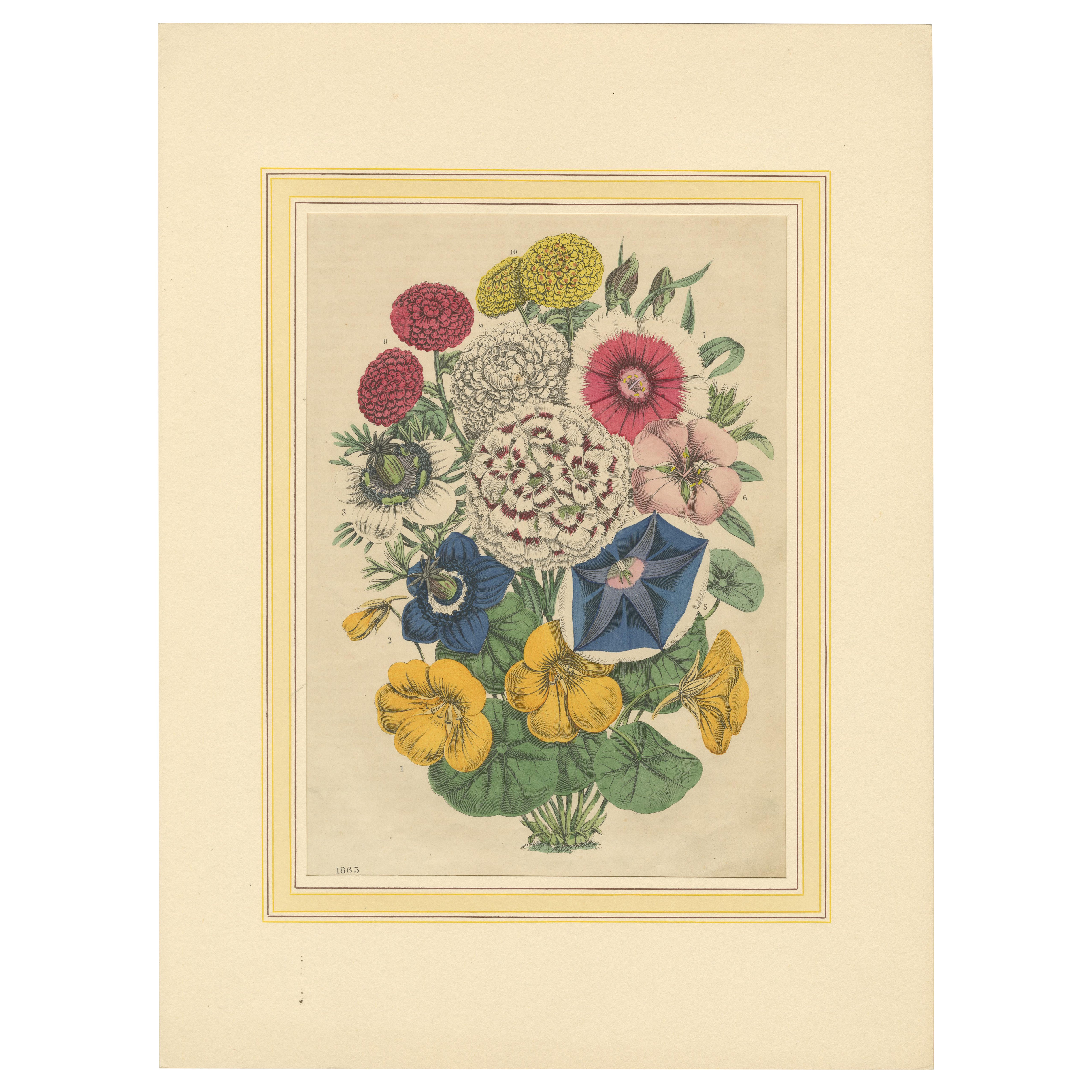Ramo floral victoriano con flores de jardín del Libro de los Mundos, 1863