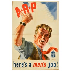 Cartel Vintage Original de la Segunda Guerra Mundial ARP Here's A Mans Job WWII Air Raid UK